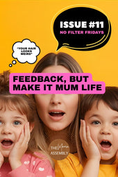Mother with two children against a bright yellow background, all with surprised expressions. A speech bubble reads “Your hair looks weird,” highlighting the theme of kids giving brutally honest feedback.