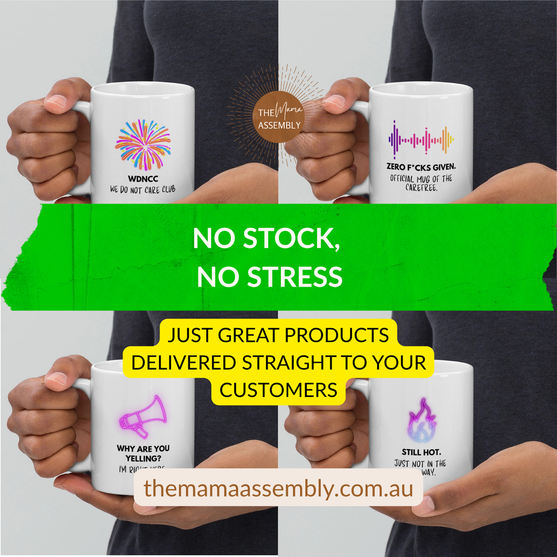 image of 4 hands holding 4 cups with blog title no stock, no stress