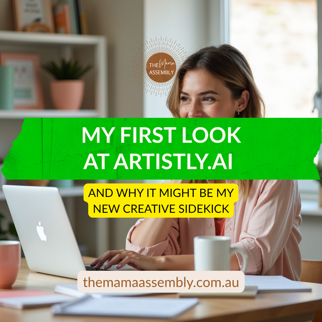 AI-generated workspace image featuring female entrepreneur with laptop, mugs, planners, and soft pastel branding