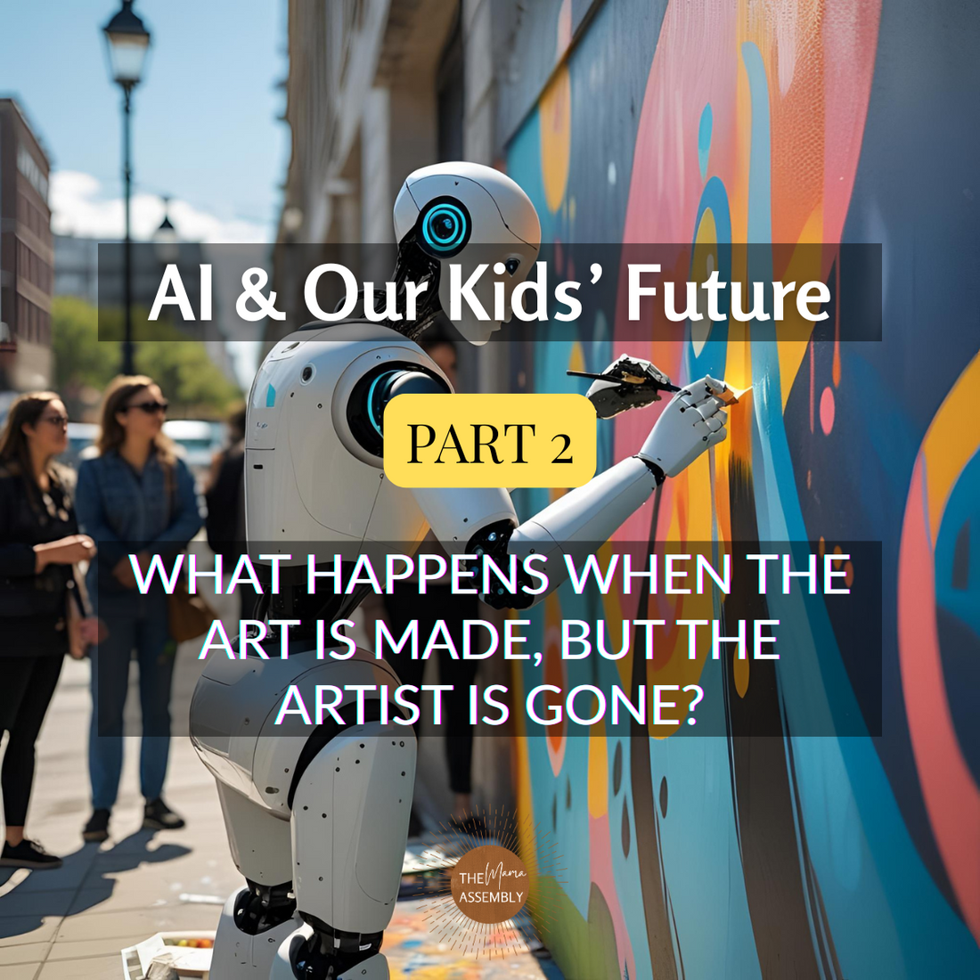 robot painting on a wall with humans watching