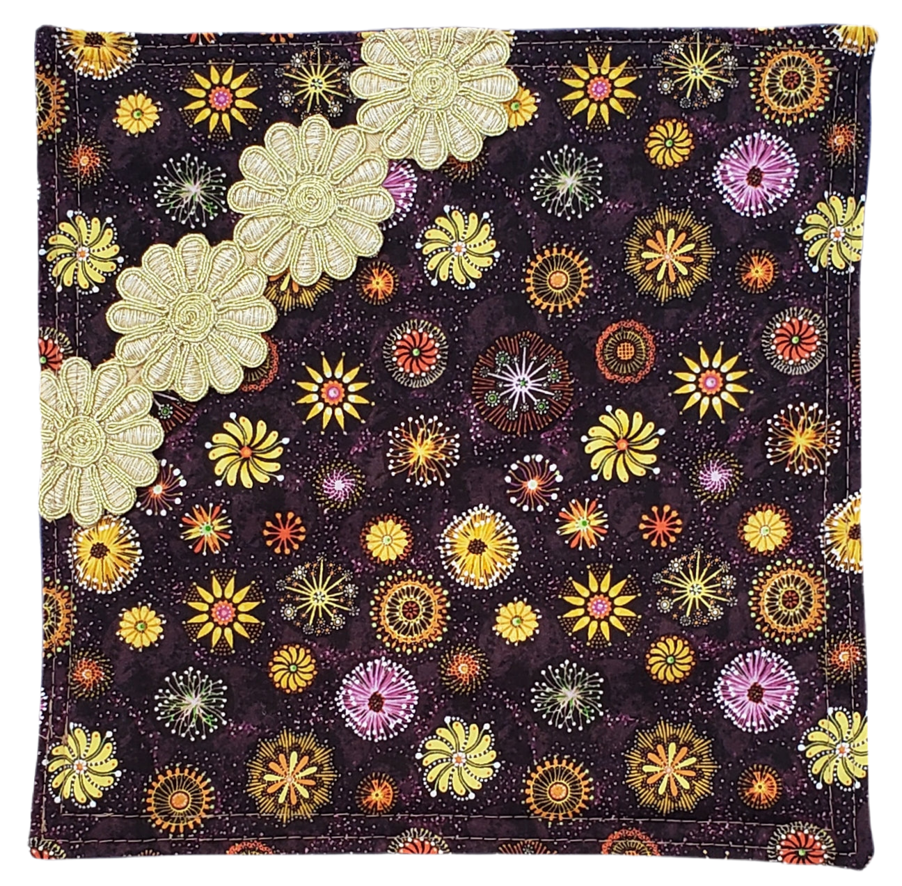 Goanna Walkabout Mug Mat with Angled Gold Flowers Trim – Handmade in Australia