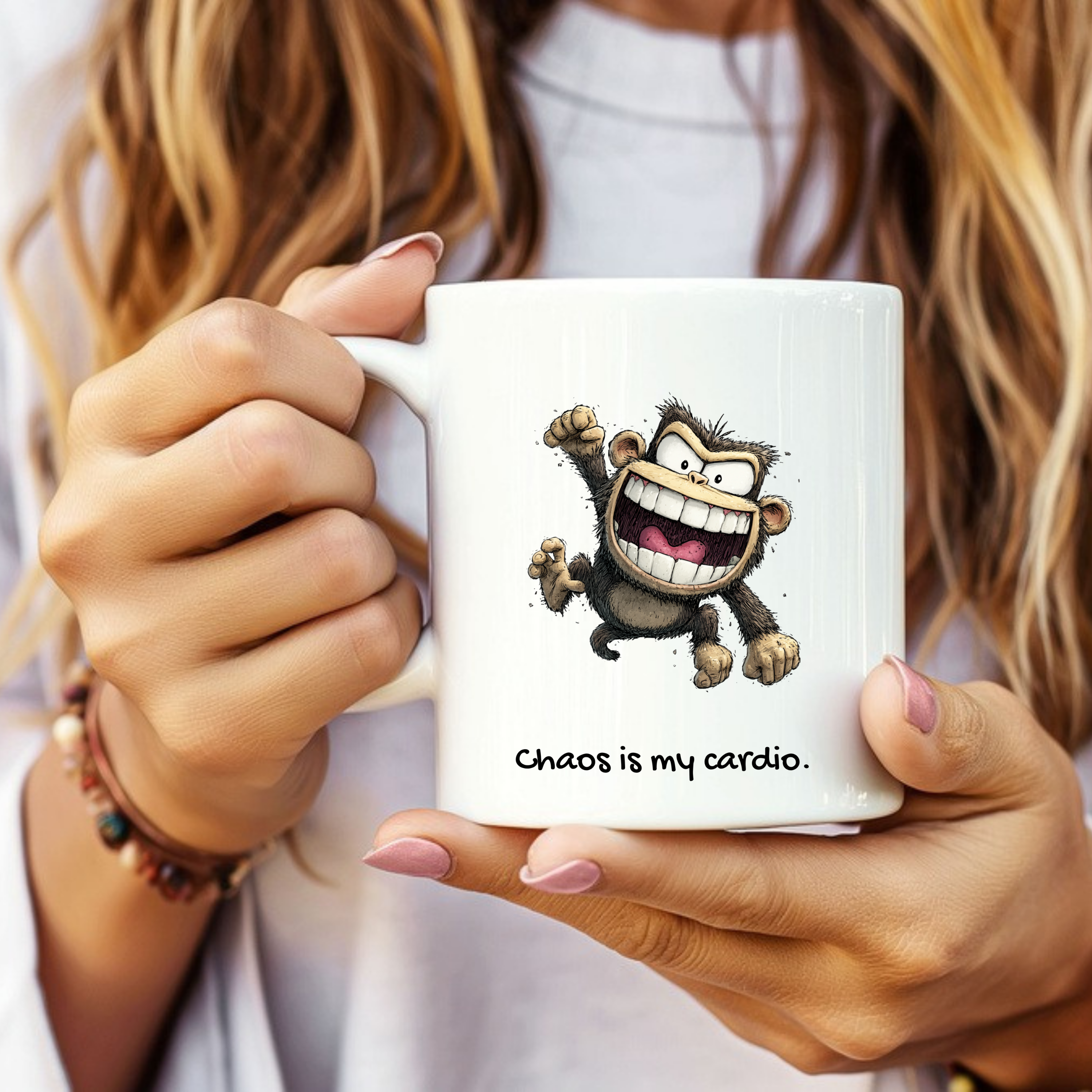 Funny monkey mug reading ‘Chaos is My Cardio’ from The Mama Assembly Quirky Animal Mugs collection.