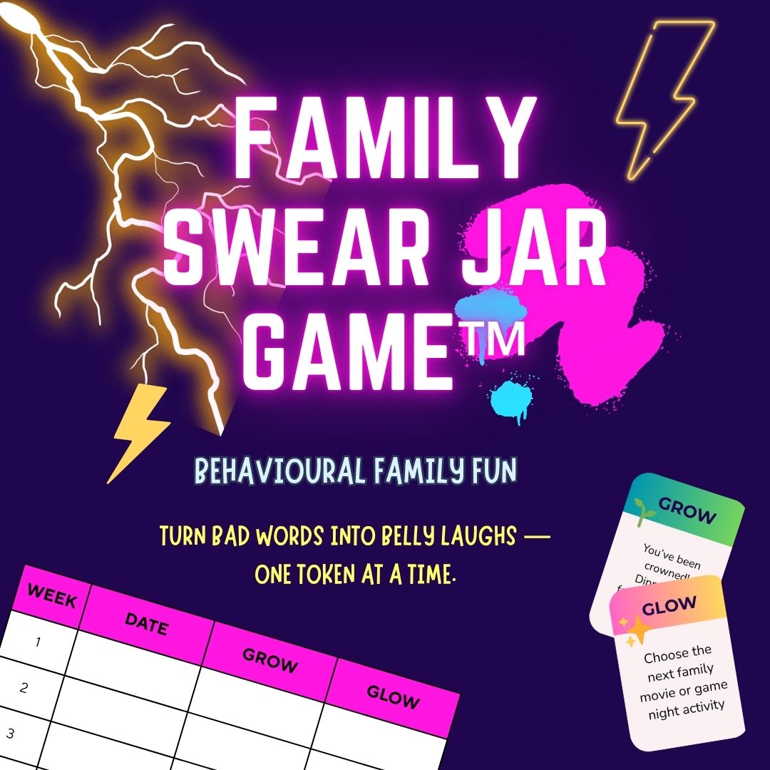 Promotional graphic for 'Family Swear Jar Game' with text and icons on a dark background
