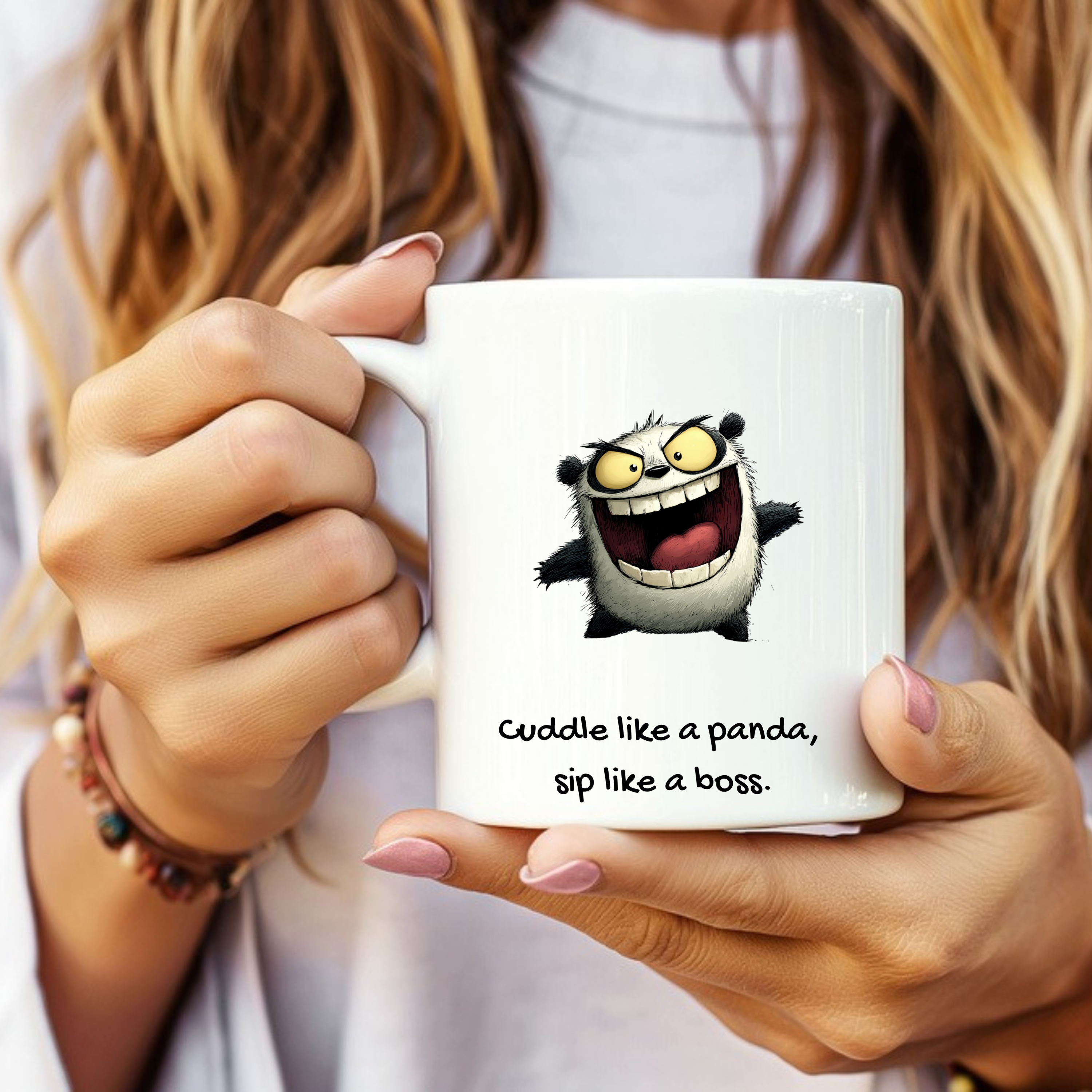 Funny panda mug reading ‘Cuddle Like a Panda, Sip Like a Boss’ from The Mama Assembly Quirky Animal Mugs collection.