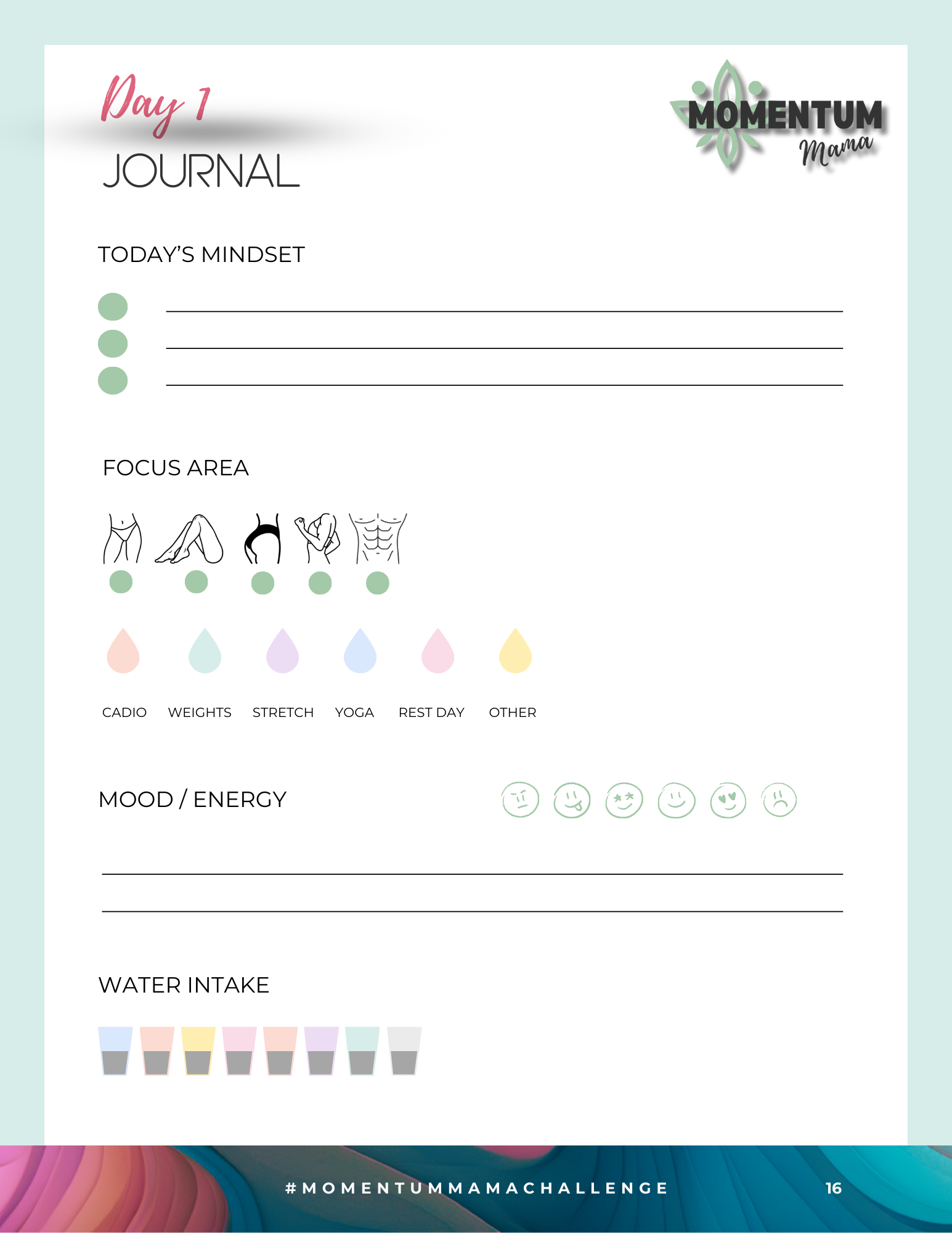 Momentum Mama 28-day fitness and mindset challenge sample journal page