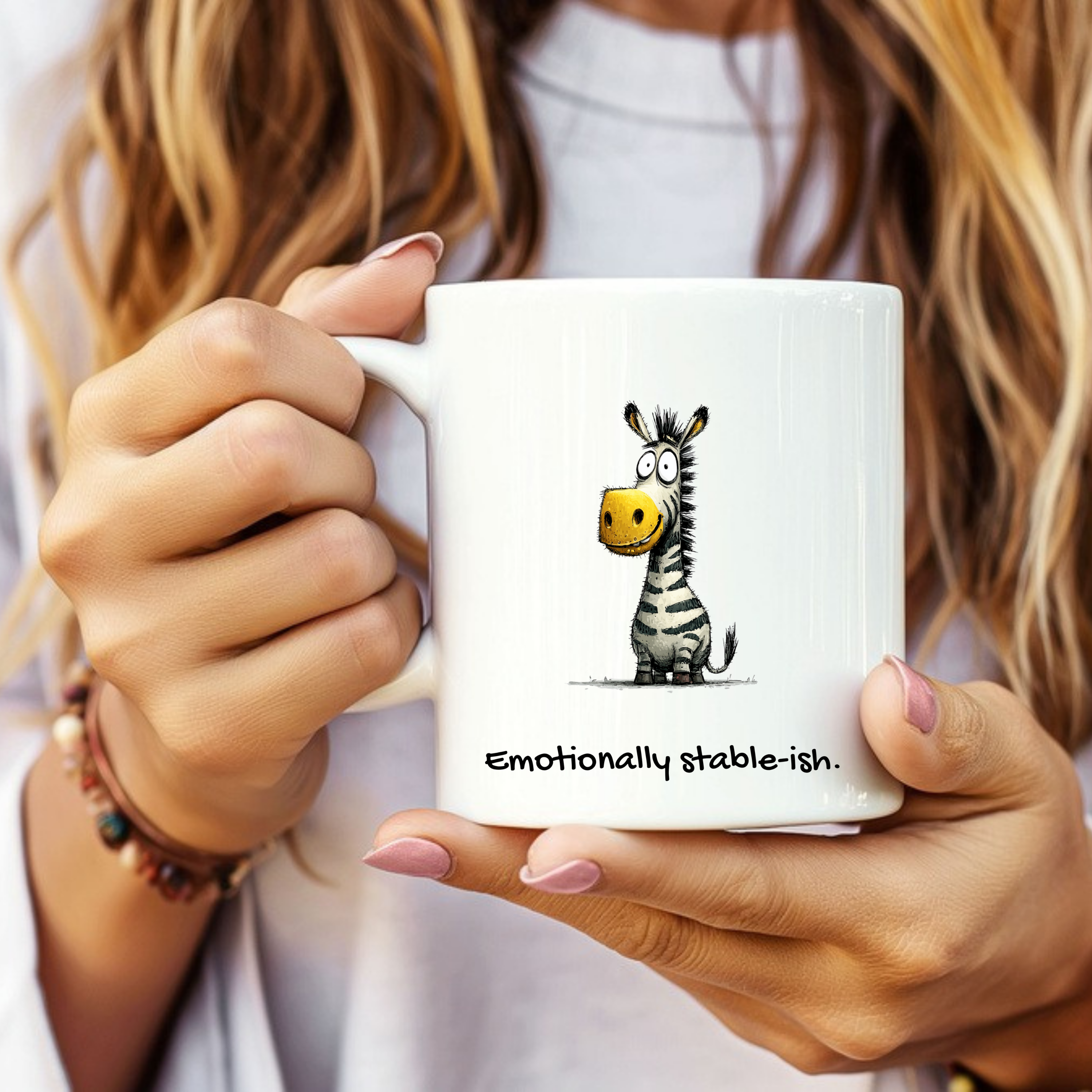 Funny zebra mug reading ‘Emotionally Stable-ish’ from The Mama Assembly Quirky Animal Mugs collection.