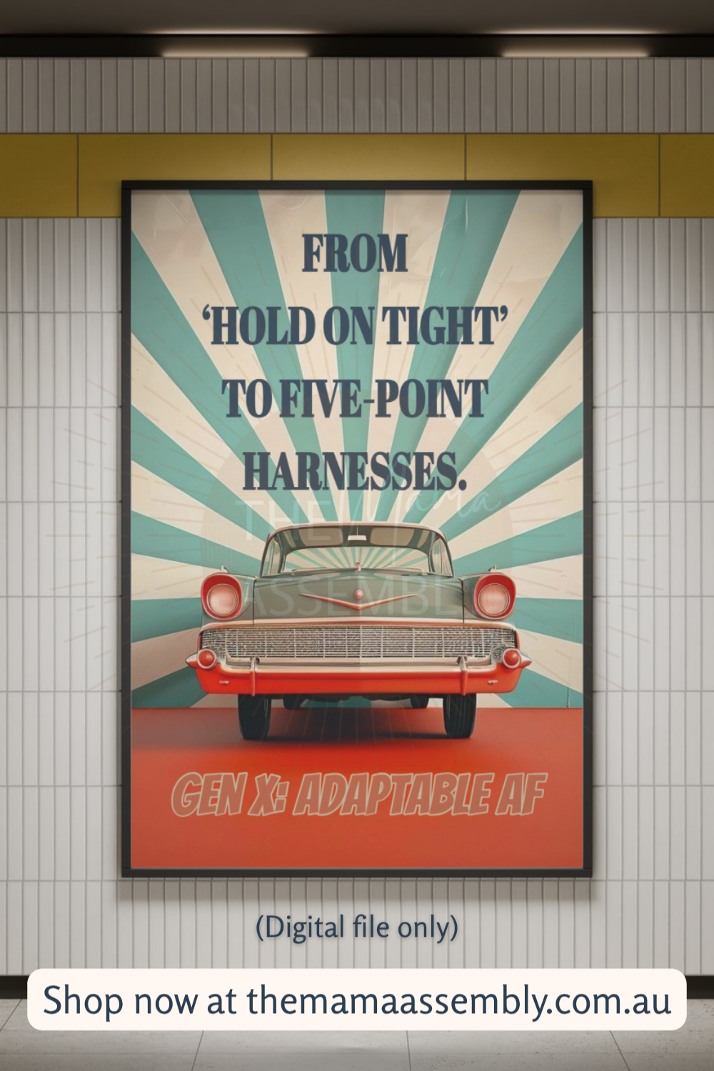 Vintage-style poster with a car and text on a tiled wall.