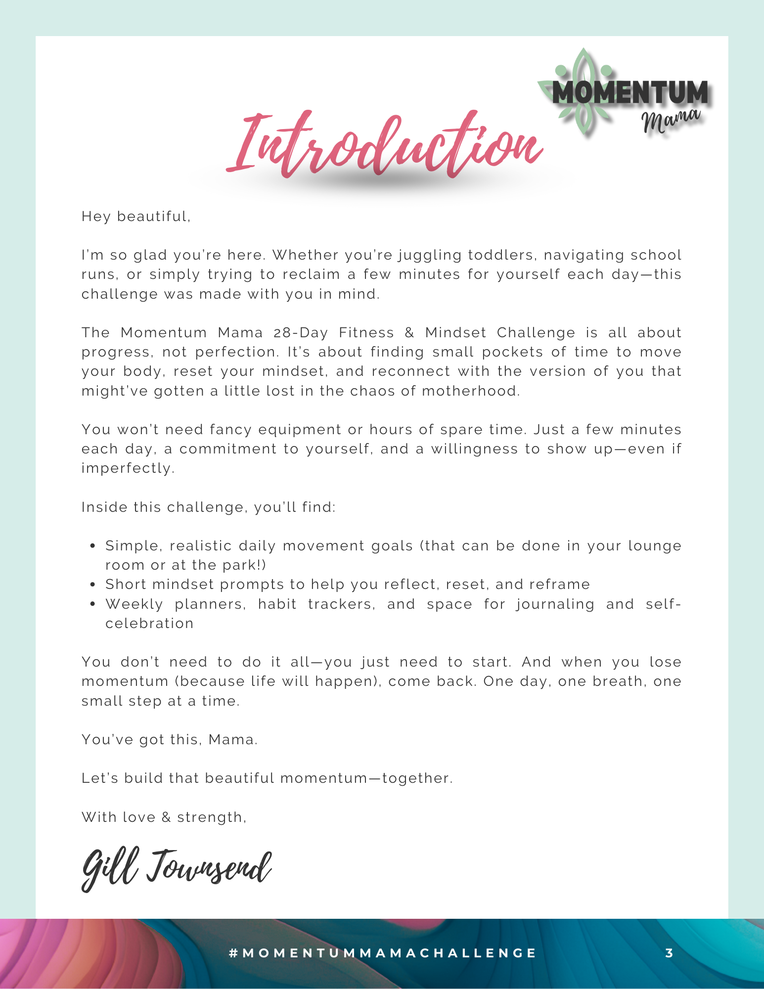 Momentum Mama 28-day fitness and mindset challenge  introduction page