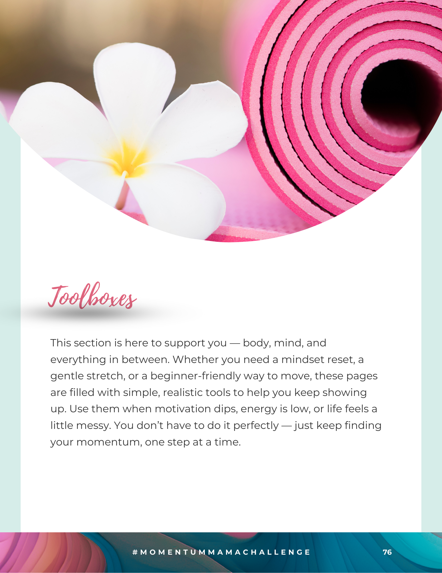 Momentum Mama 28-day fitness and mindset challenge toolboxes page