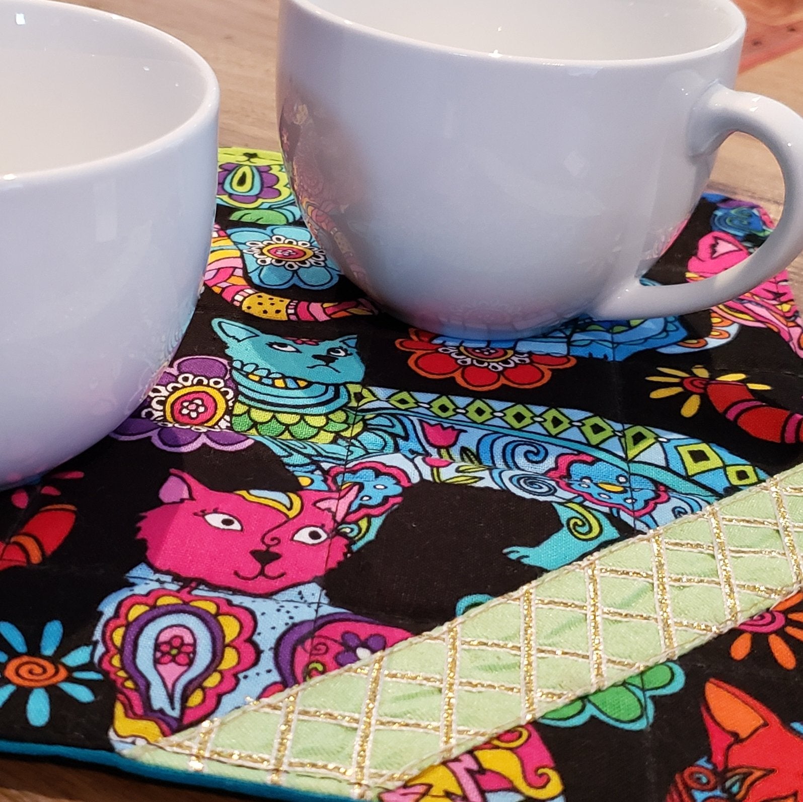 Tossed Colourful Cats Mug Mat with green trim - Harlan House & Home
