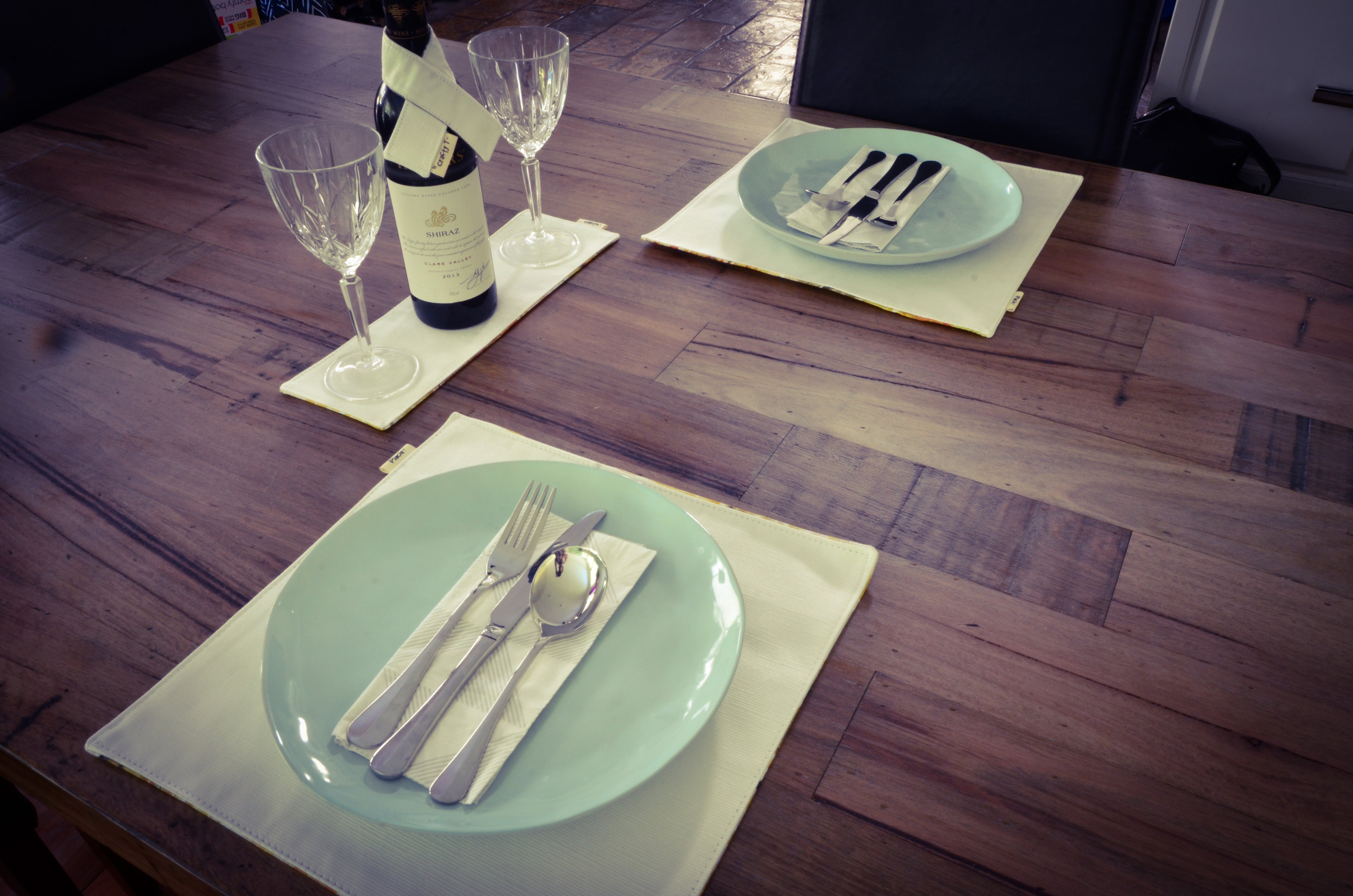 Yellow Abstract Floral & White Textured Stripes reversible placemats - Harlan House & Home