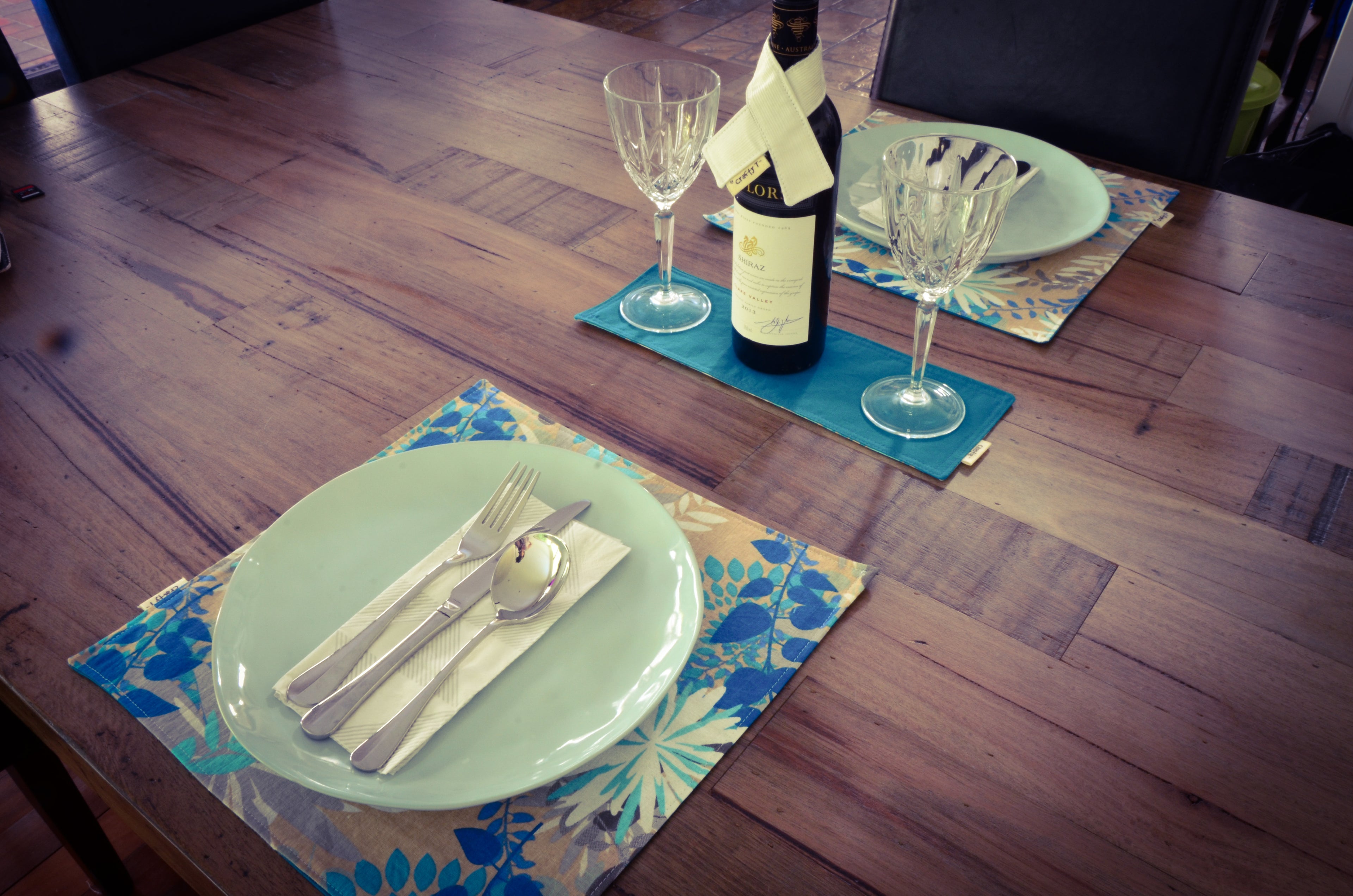 Teal Floral Reversible Placemats – Handmade Cotton Table Linen