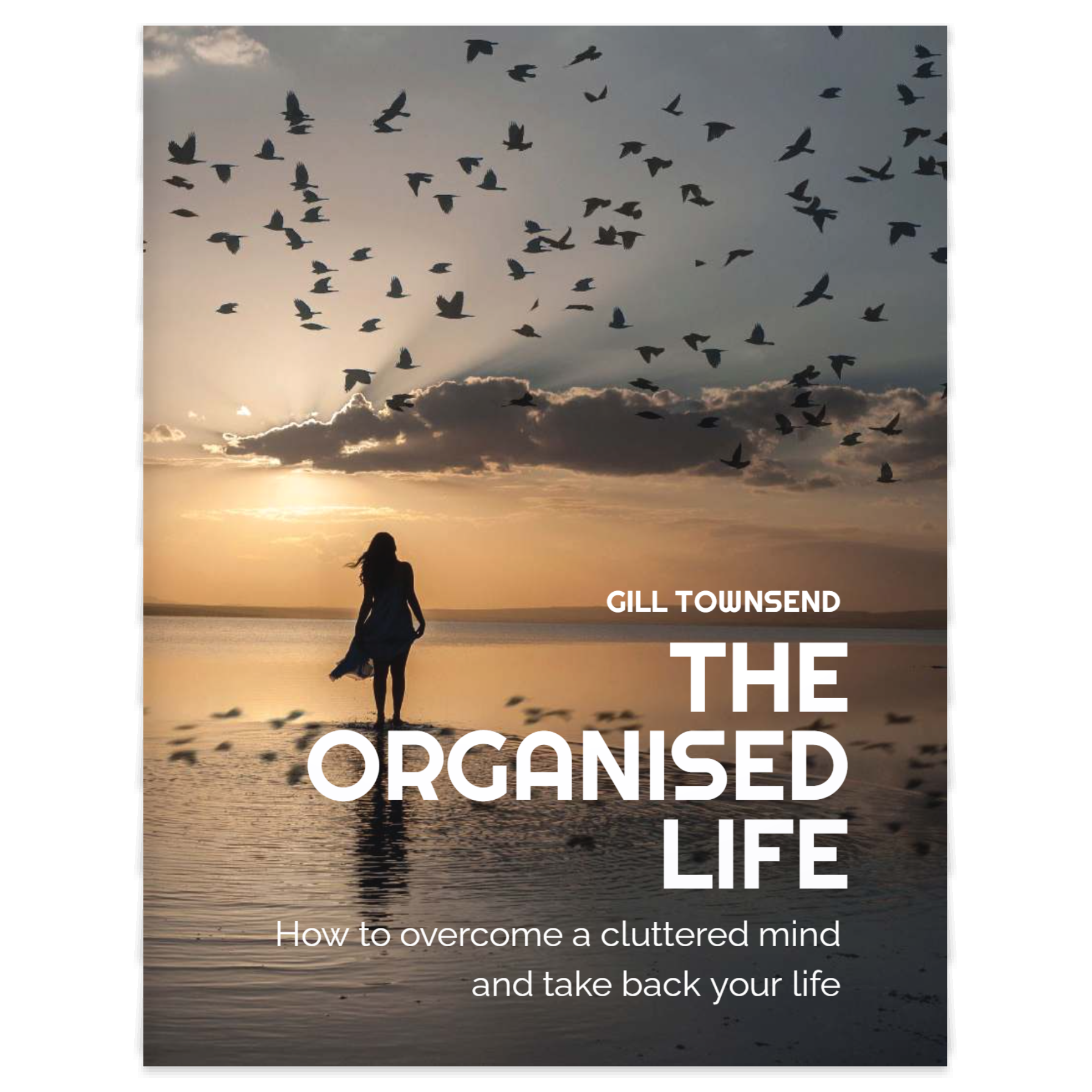 Cover of the eBook 'The Organised Life - How To Overcome A Cluttered Mind And Take Back Your Life' featuring a person walking on a beach at sunset with birds in the sky.
