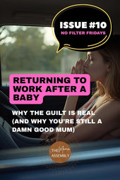 A mum sits in her car taking a deep breath after daycare drop-off, with an empty baby capsule in the back seat, symbolising the emotional challenge of returning to work after having a baby.