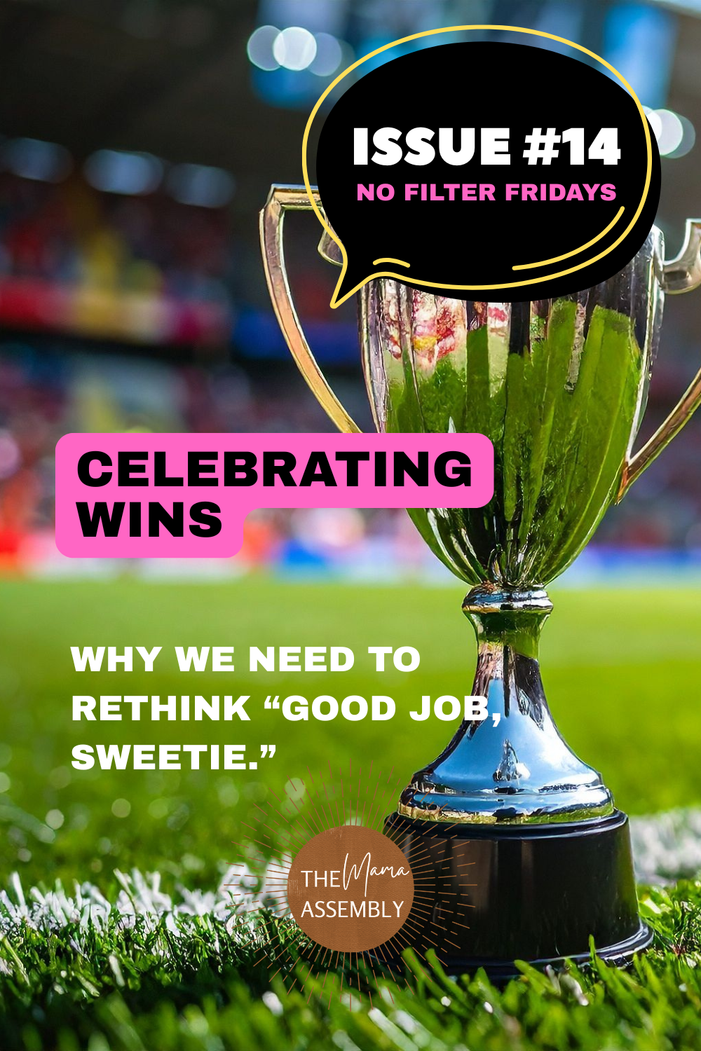 Trophy on a soccer field representing celebrating wins and rethinking praise in parenting — final issue of No Filter Fridays Season 1.