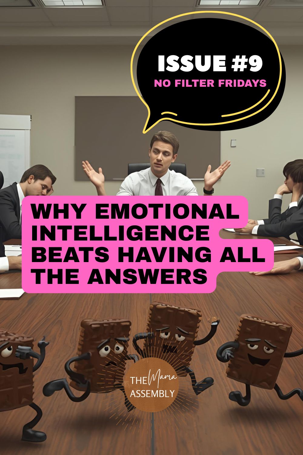 Humorous office scene of a boring boardroom meeting where one person talks while colleagues look tired and half asleep. On the table, five biscuits with cartoon legs are running away, symbolising how emotional intelligence beats endless lecturing.