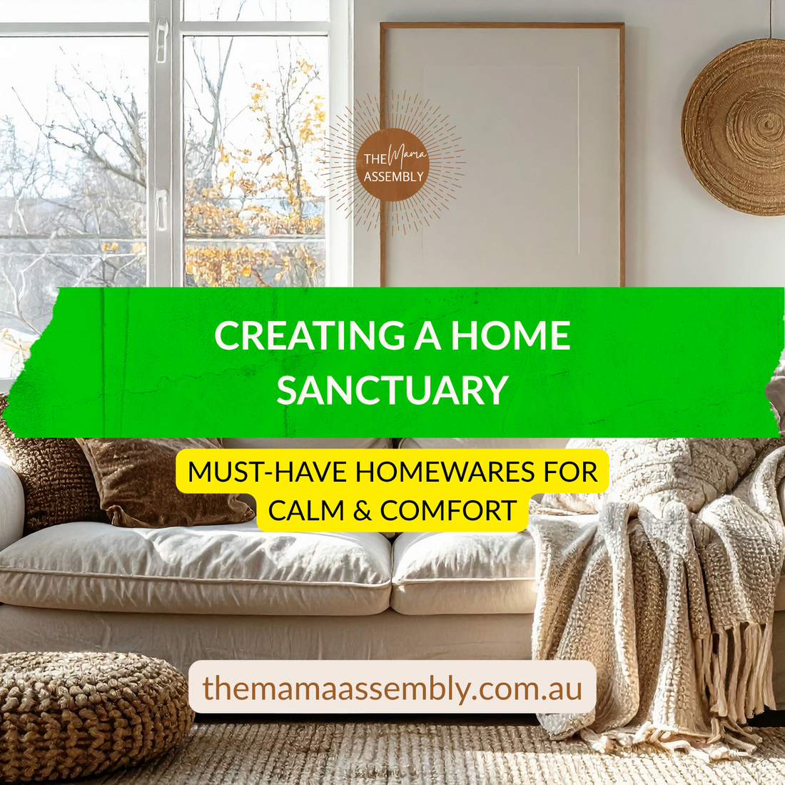 Pinterest pin image featuring the title “Must-Have Homewares for Calm & Comfort.” Soft tones and gentle design match the blog’s focus on creating a peaceful home sanctuary. Highlights simple, stylish items that bring a sense of calm to your space.