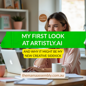 AI-generated workspace image featuring female entrepreneur with laptop, mugs, planners, and soft pastel branding