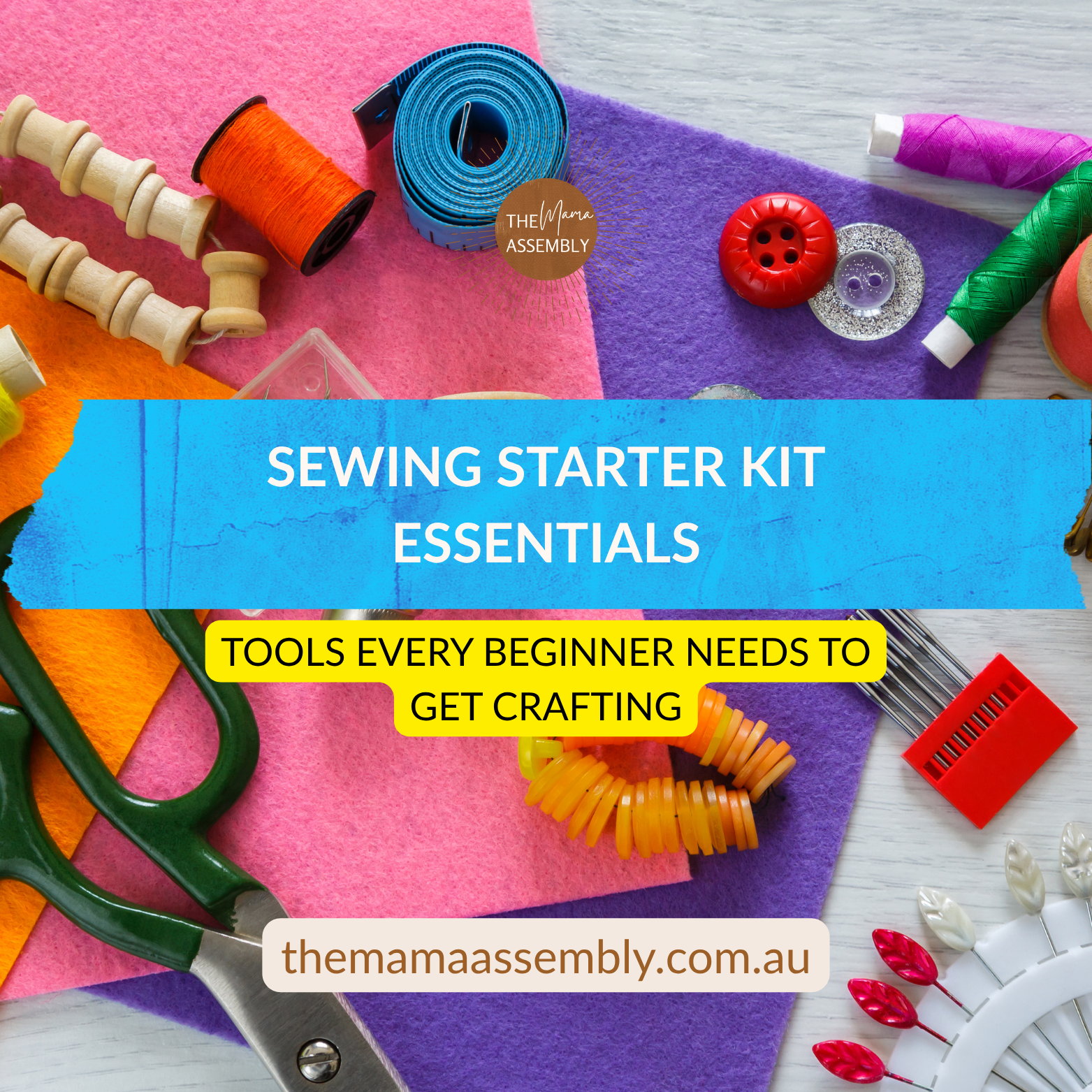 Pinterest pin graphic with the title “Sewing Starter Kit Essentials for Beginners” in bold, warm tones. Features simple, stylish design that highlights essential sewing tools and Amazon affiliate links for beginners and crafty mums.