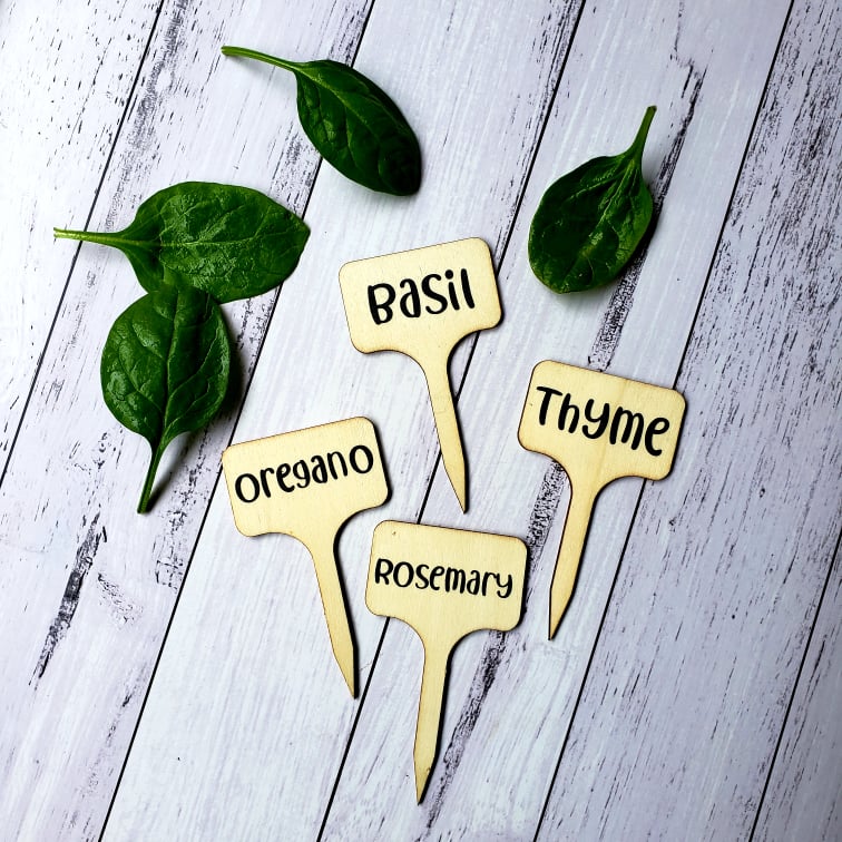 4 plant markers with basil leaves