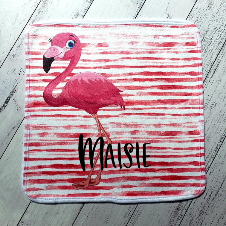 wash cloth with a flamingo and name