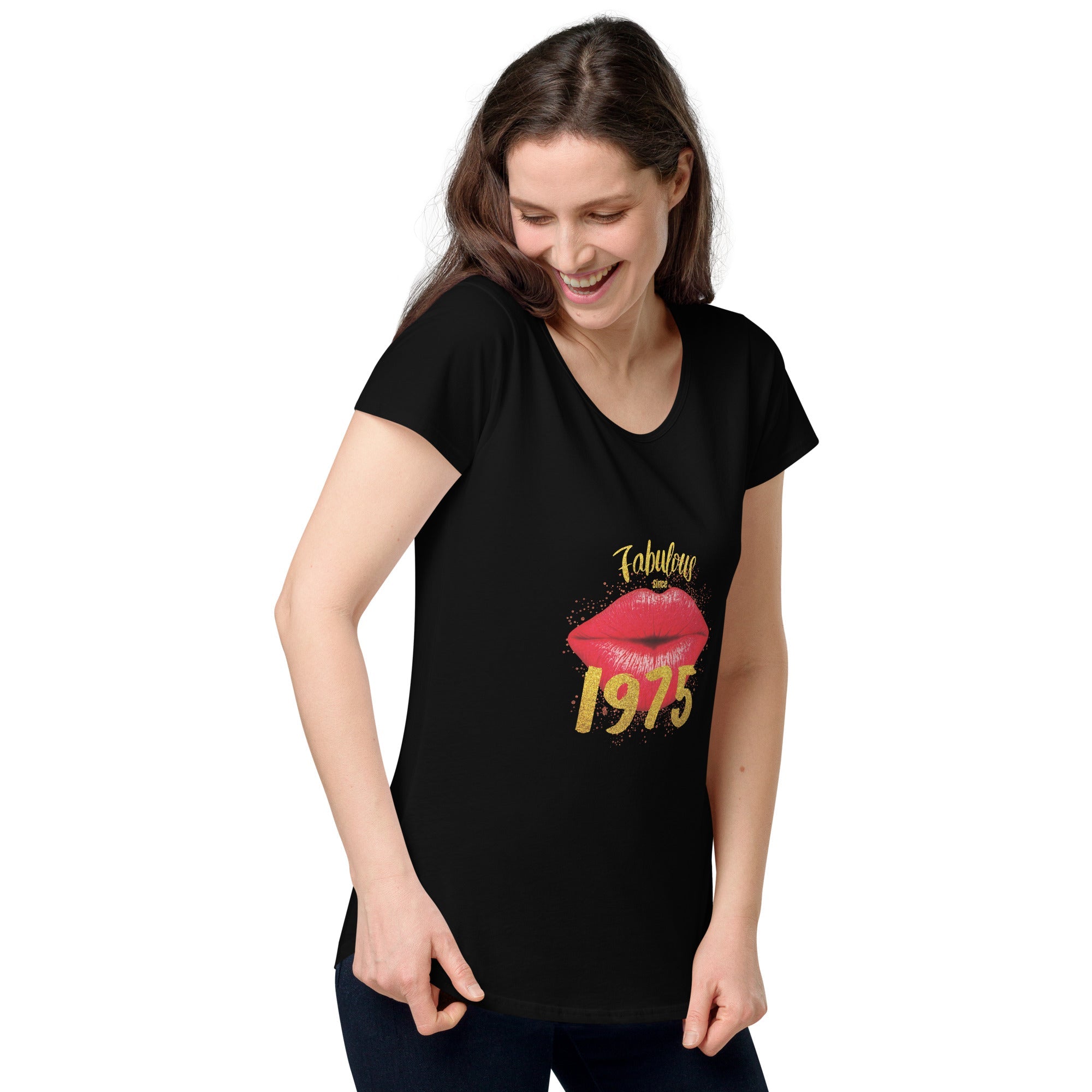 woman wearing a black t-shirt with an image of a red mouth and the text fabulous since 1975