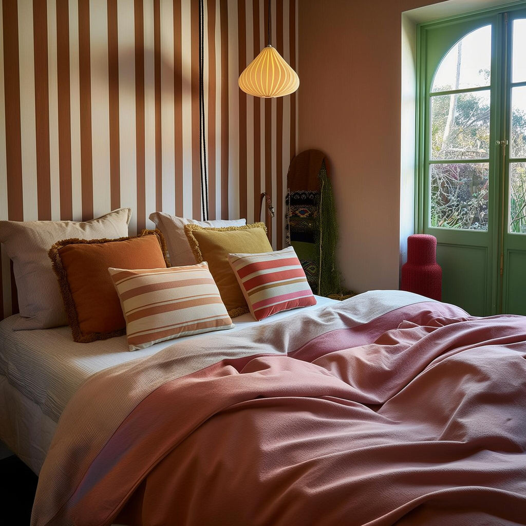 bedroom with bed and cushions in a soft lit room