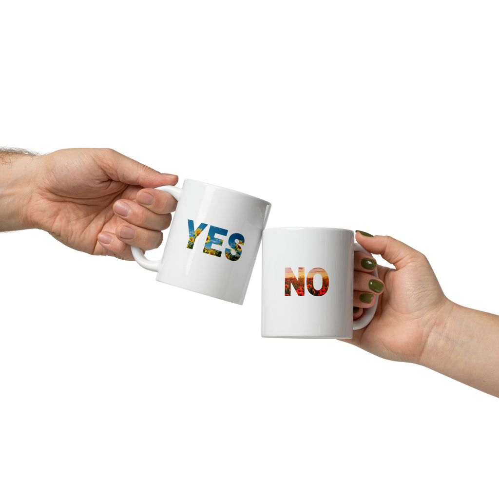 hands holding yes mug no mug