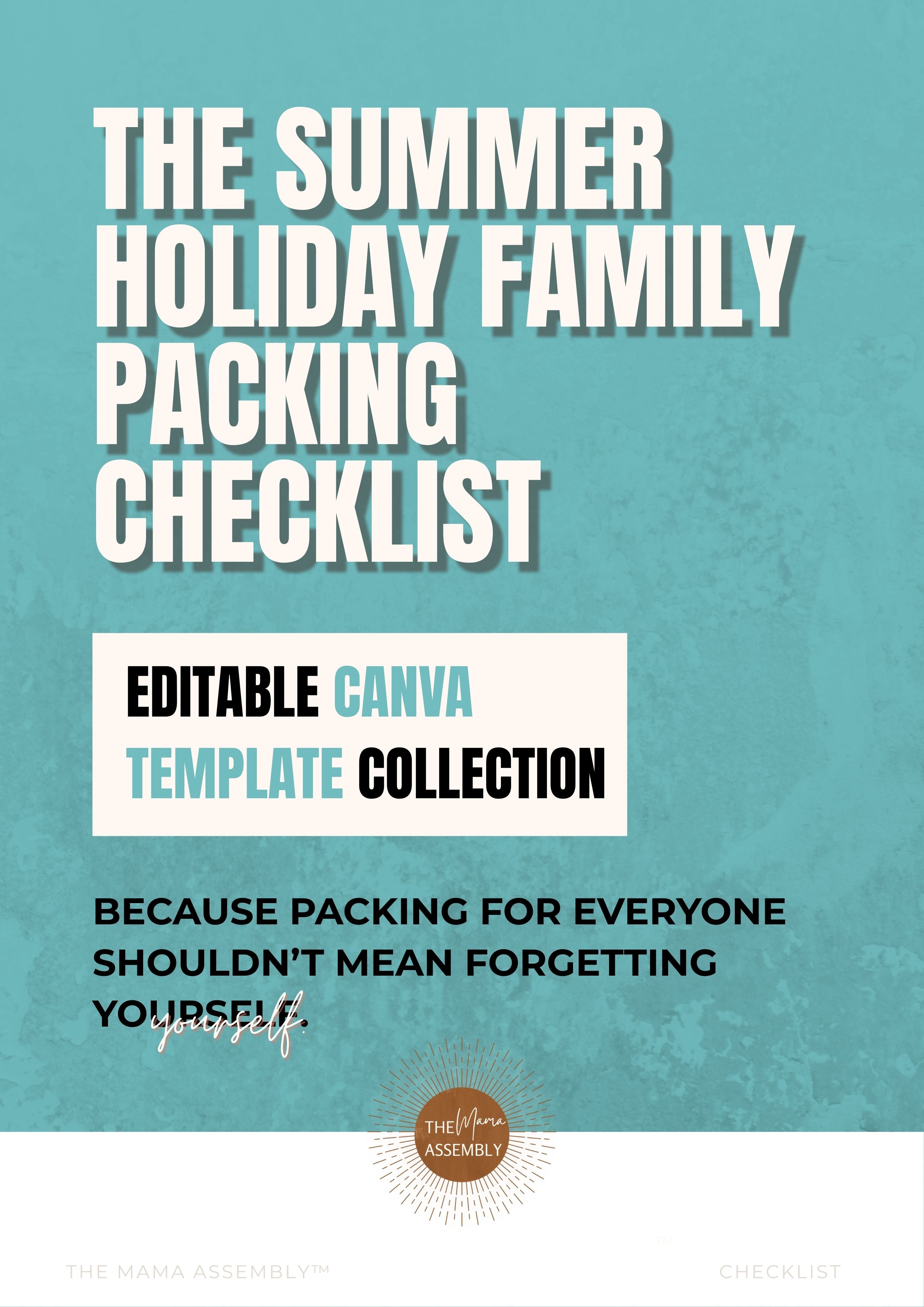 Summer holiday family packing checklist template on a blue background