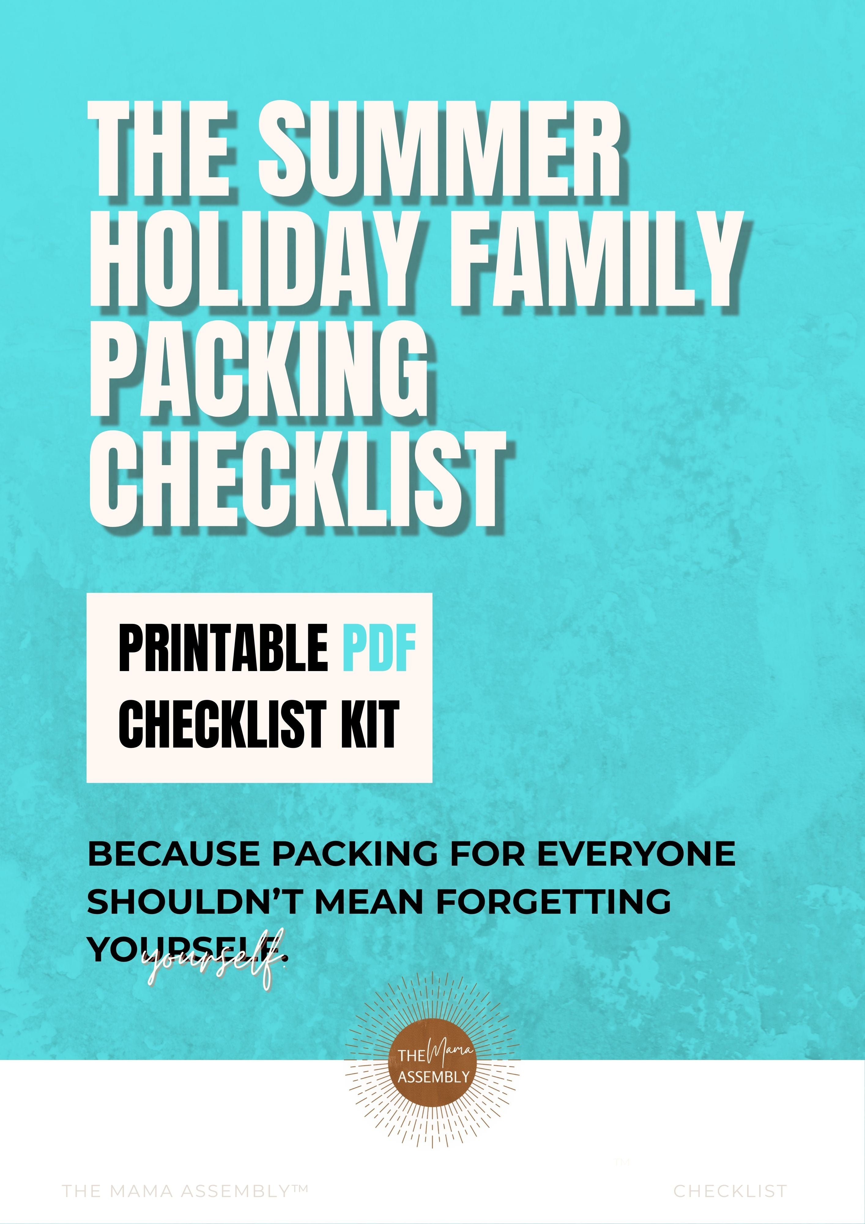 Summer holiday family packing checklist on a blue background with text and logo.