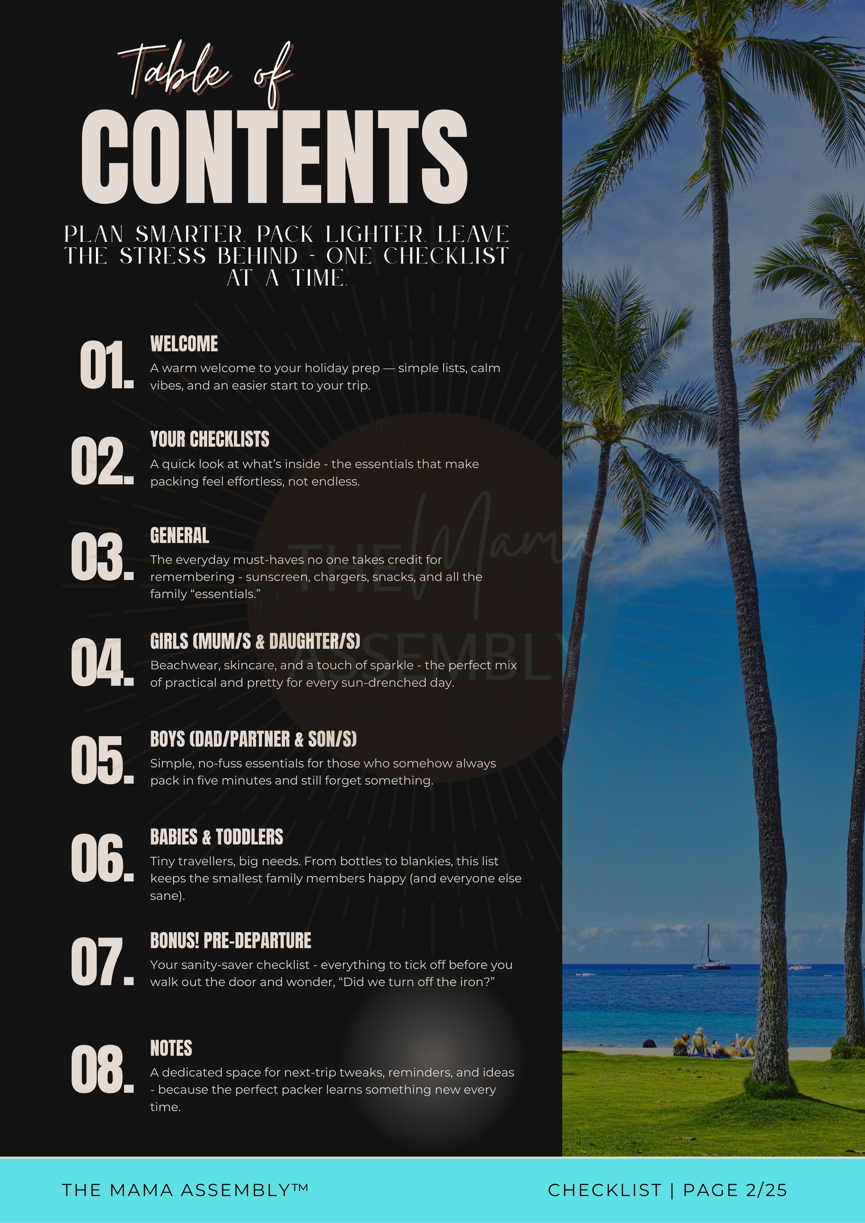 Table of contents for a travel checklist with palm trees and ocean in the background