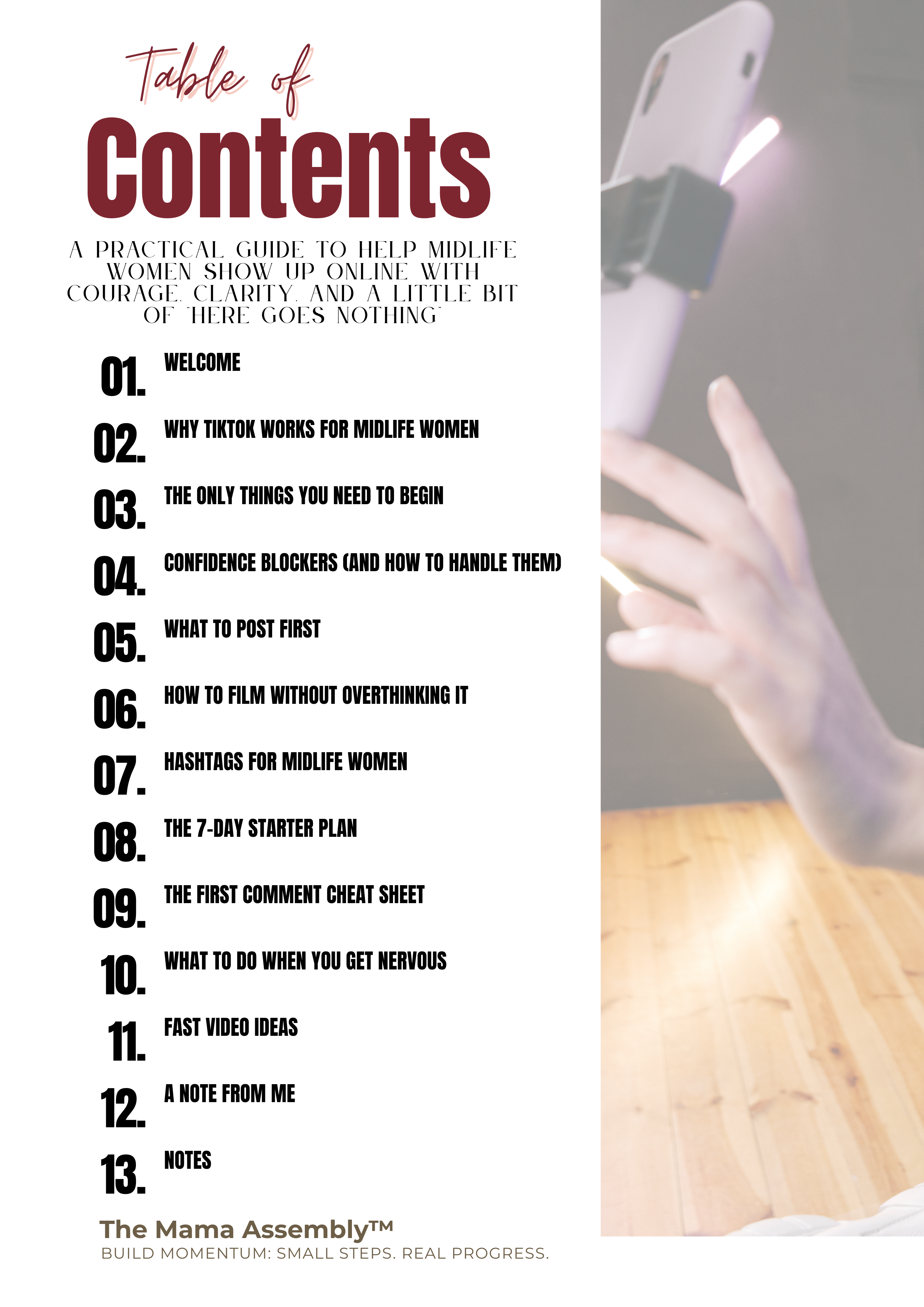 Table of contents for a guide on building momentum for millennial women, with a blurred image of a hand holding a phone.