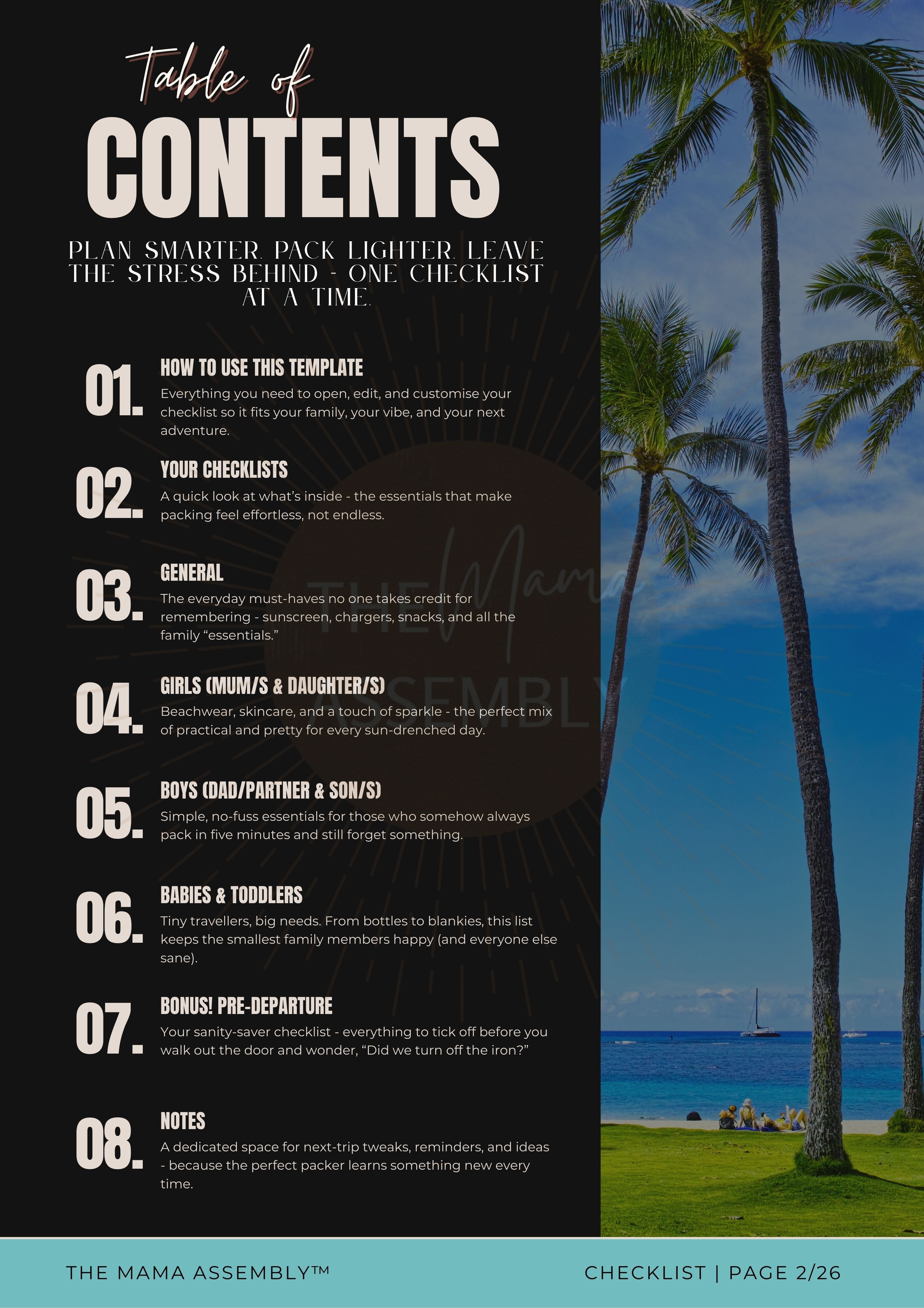 Table of contents for a checklist template with palm trees and ocean in the background