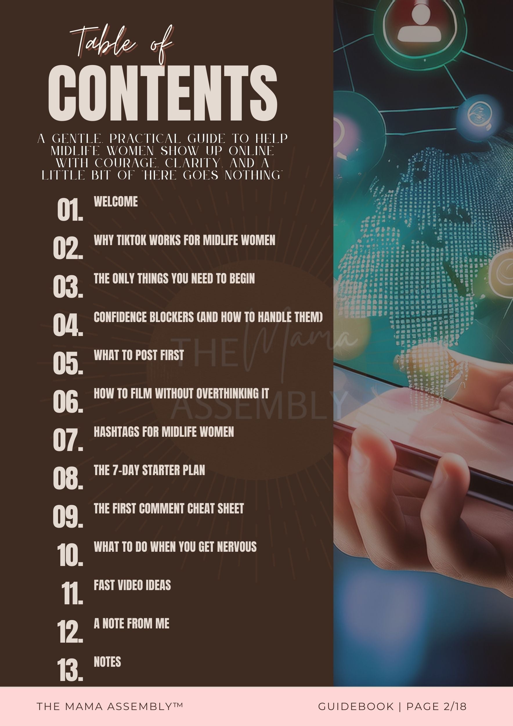 Table of Contents from The Beginner TikTok Guide for Midlife Women, outlining sections including confidence, filming, posting, hashtags, and beginner steps.
