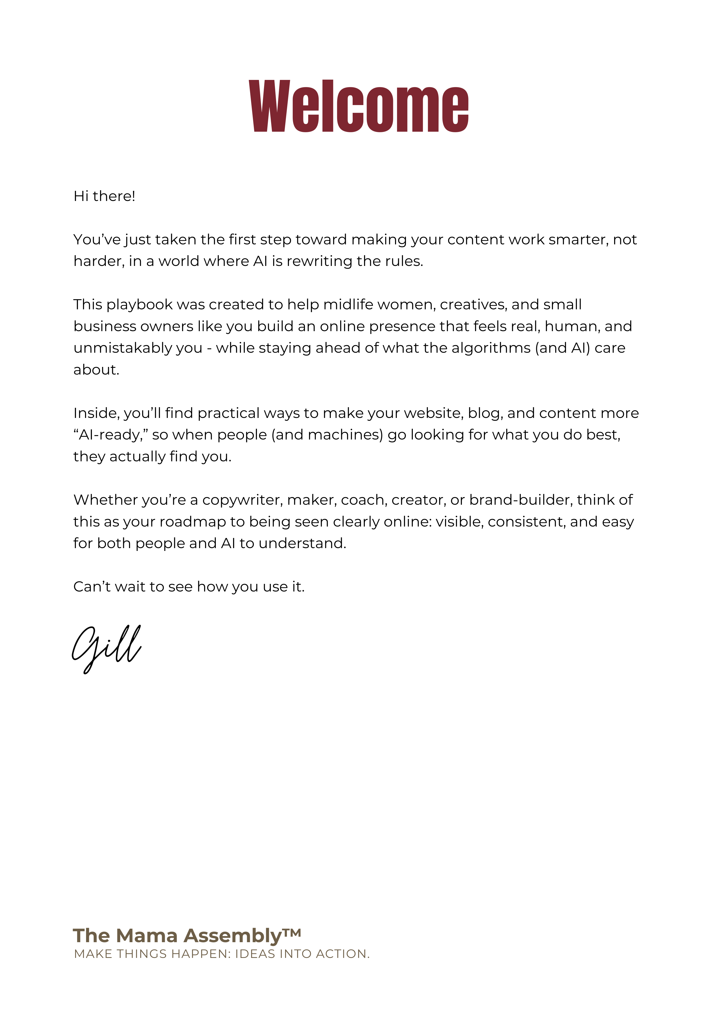 Welcome message from The Mama Assembly on a white background