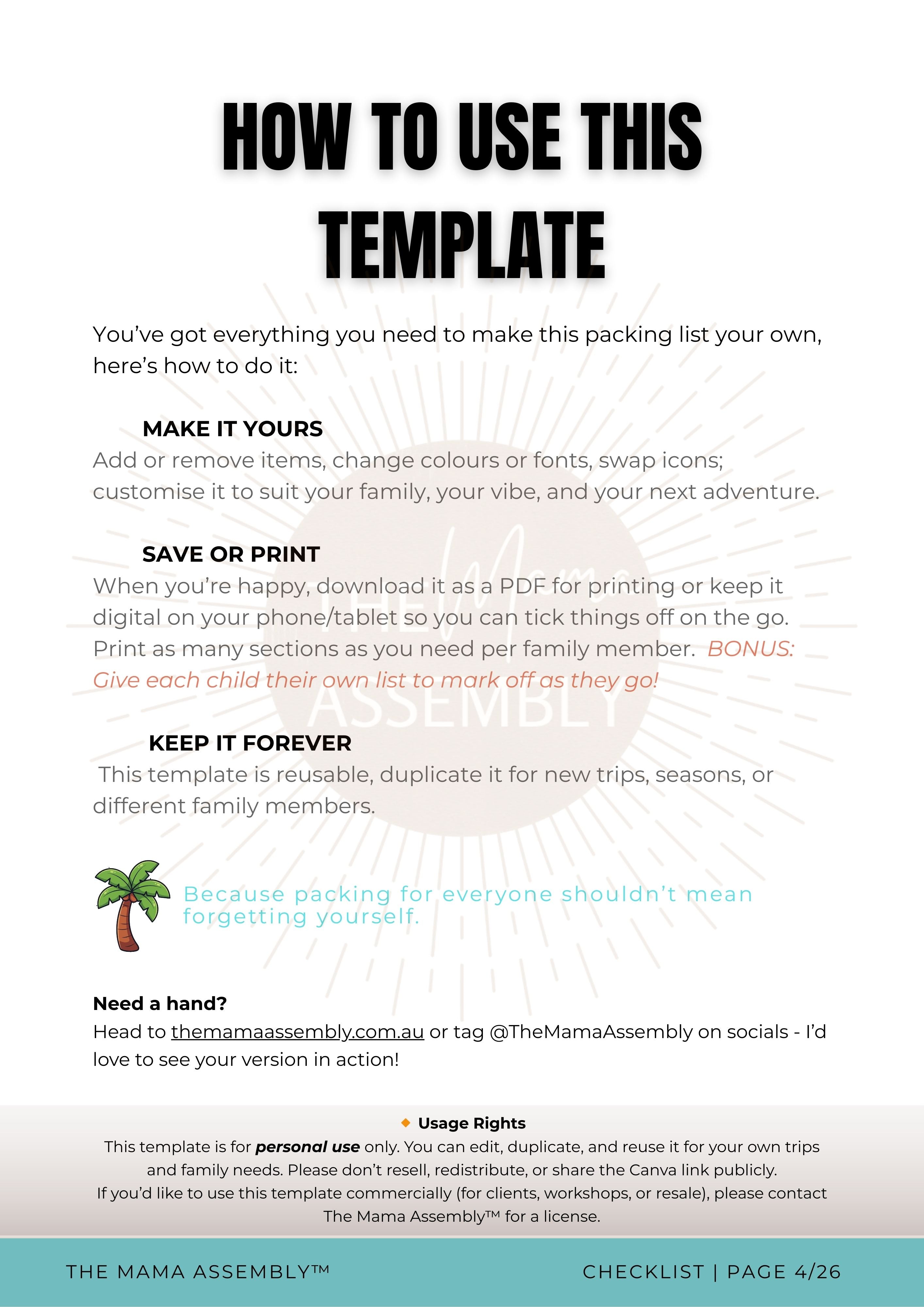 Instructions on how to use a packing list template with branding and contact information.