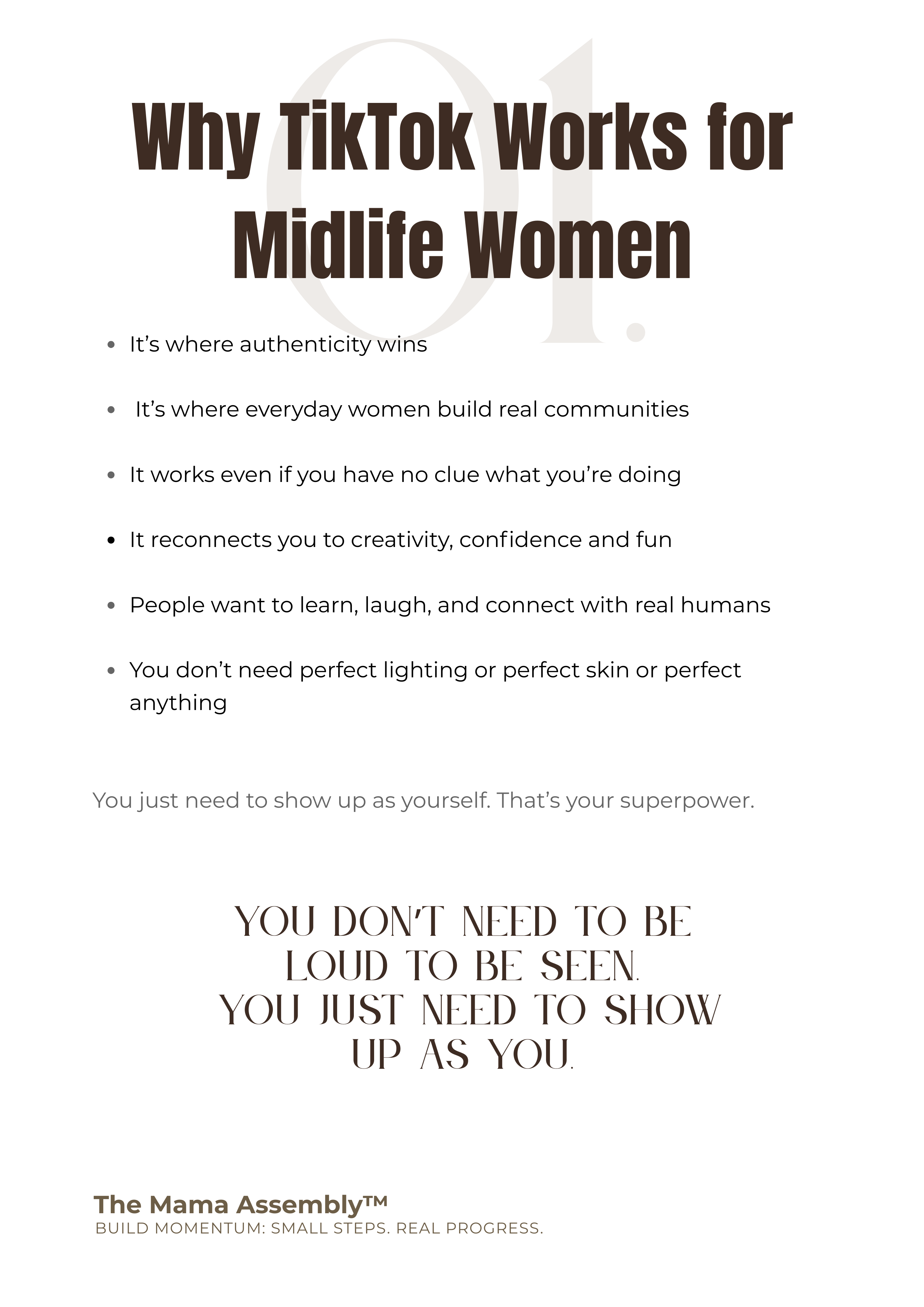 Text on a white background explaining why TikTok works for midlife women, with branding at the bottom.