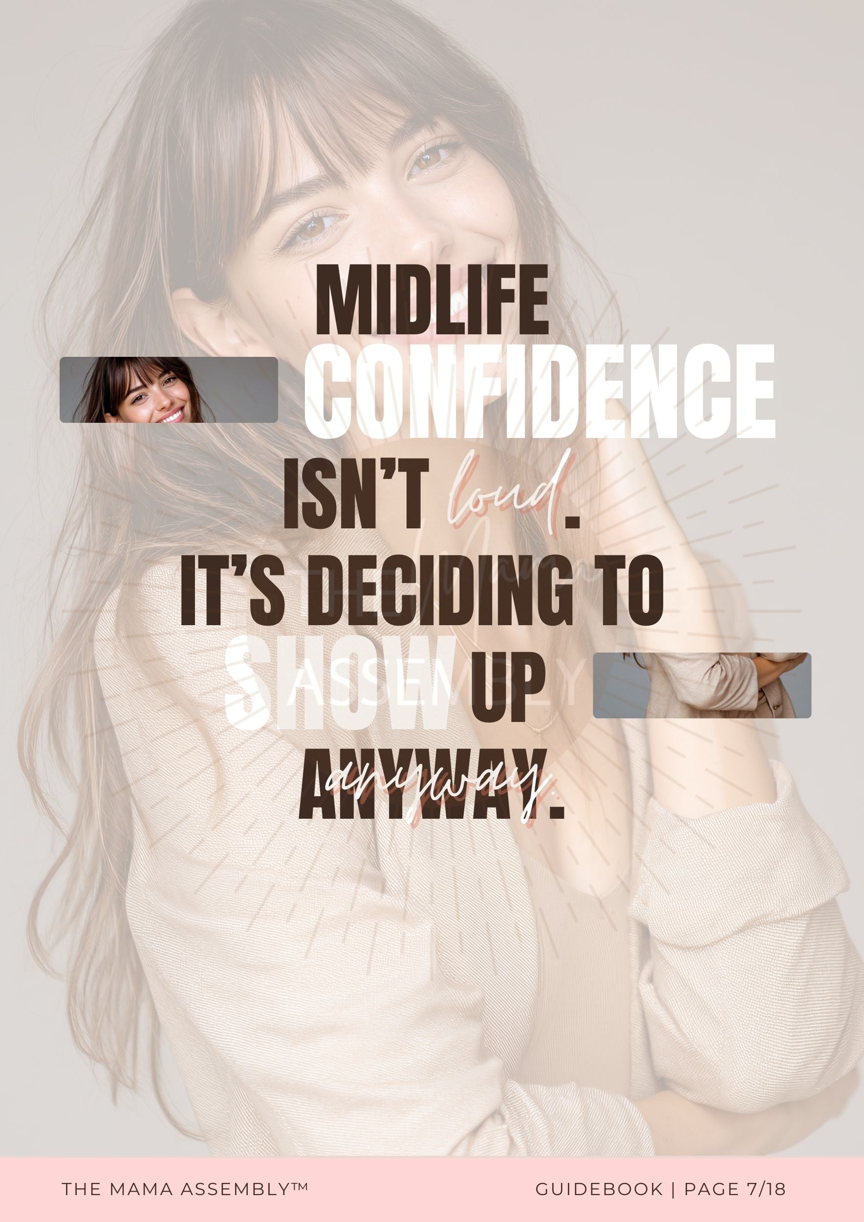 Inspirational quote page from The Beginner TikTok Guide for Midlife Women with the text “Midlife confidence isn’t loud. It’s deciding to show up anyway,” featuring a midlife woman and soft blush design.