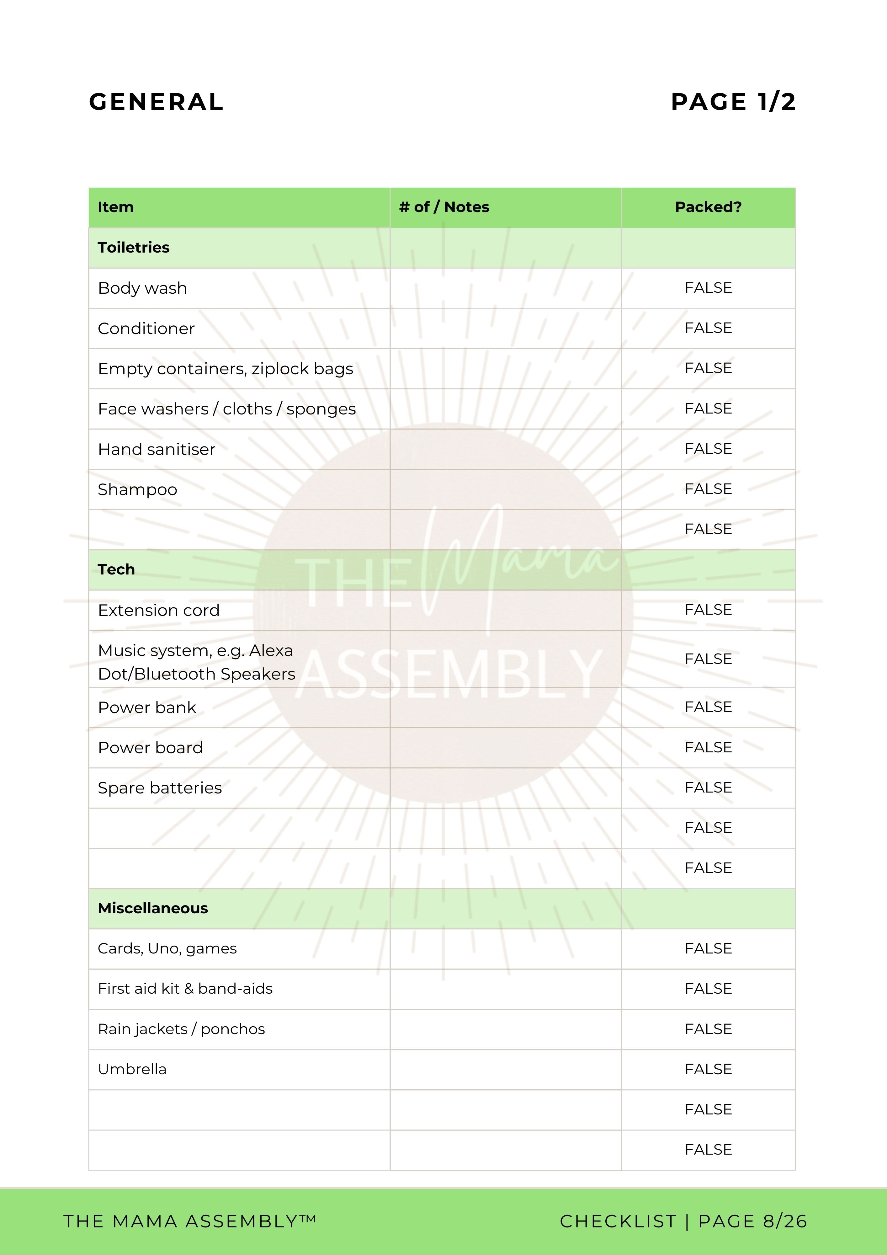 Checklist for packing a bag with items and their status, from The Mama Assembly.