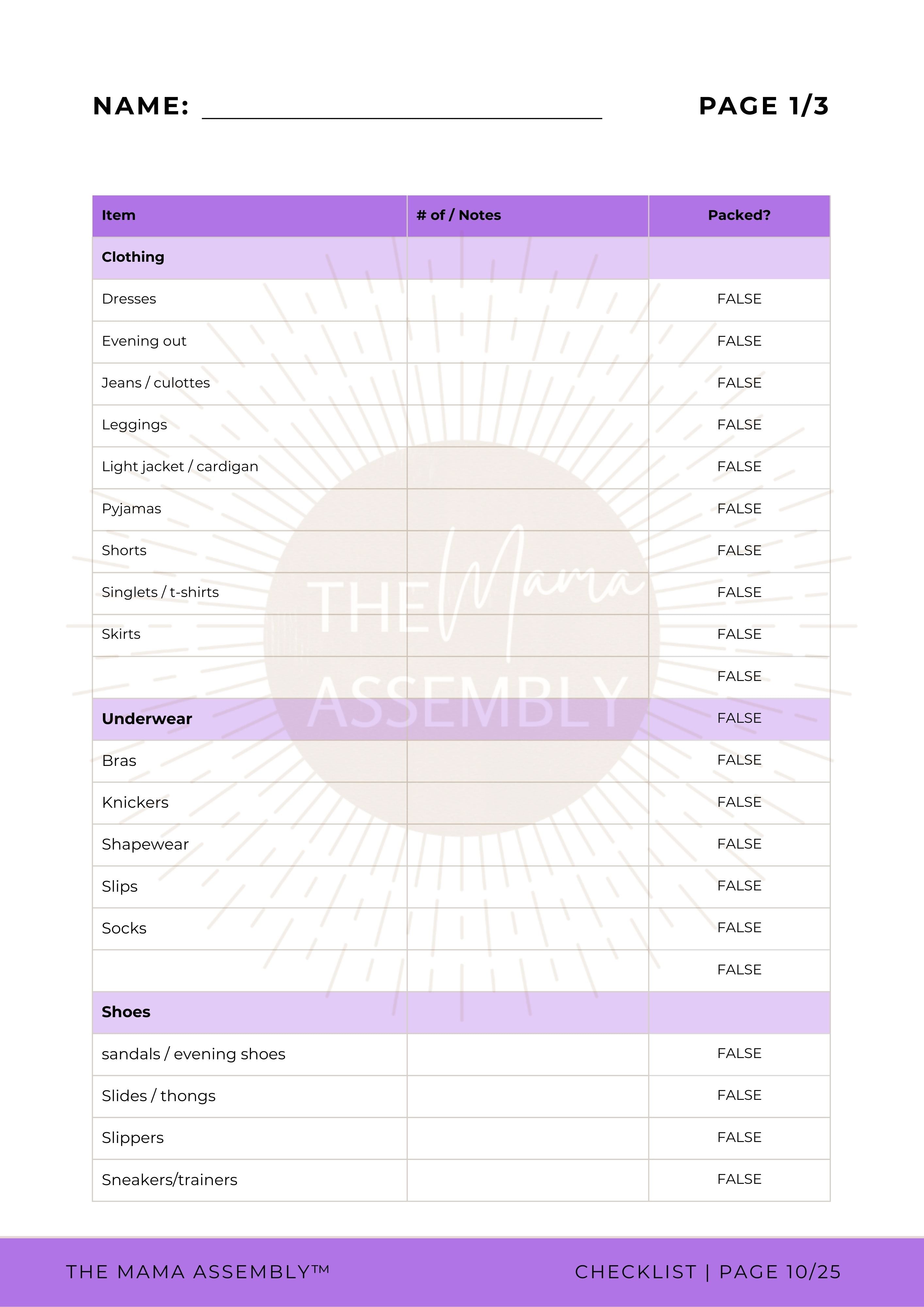 Checklist template for packing clothing with a compass design on a white background