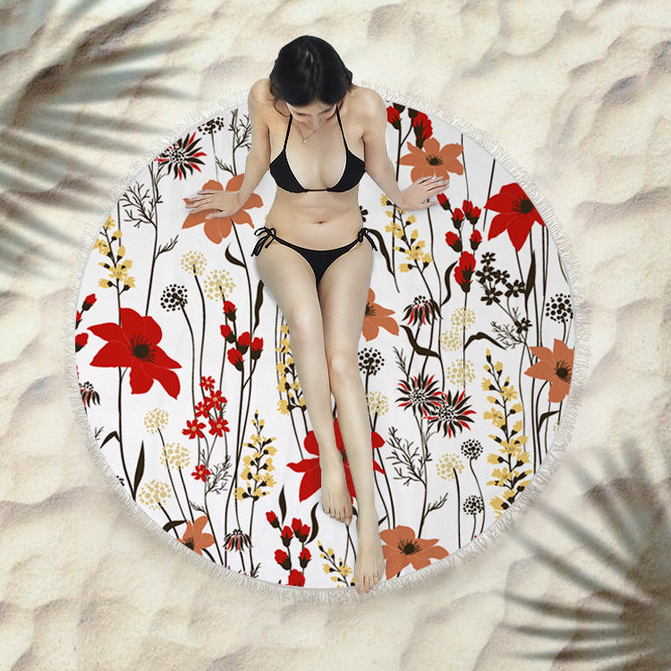 Fringed Round Beach Towel – Microfiber Polyester, 150cm Diameter, Floral Pattern
