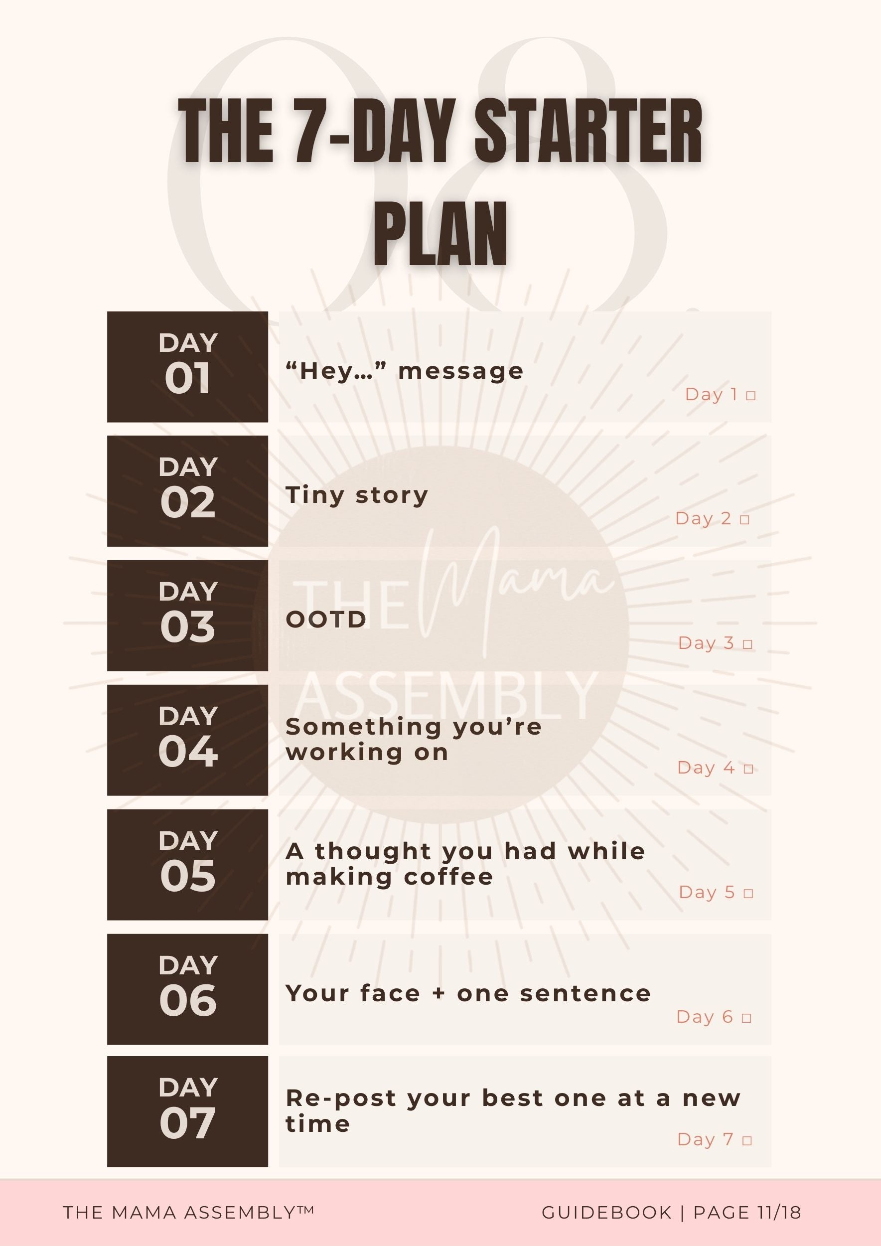 7-Day Starter Plan page from The Beginner TikTok Guide for Midlife Women, showing simple daily ideas to help beginners create their first TikTok videos.
