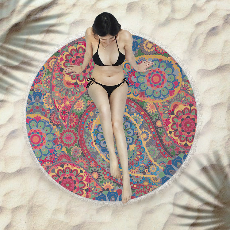 Fringed Round Beach Towel – Microfiber Polyester, 150cm Diameter, Floral Pattern