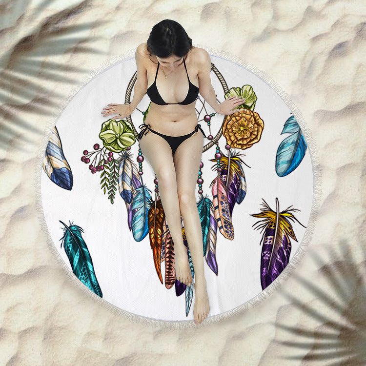 Fringed Round Beach Towel – Microfiber Polyester, 150cm Diameter, Floral Pattern
