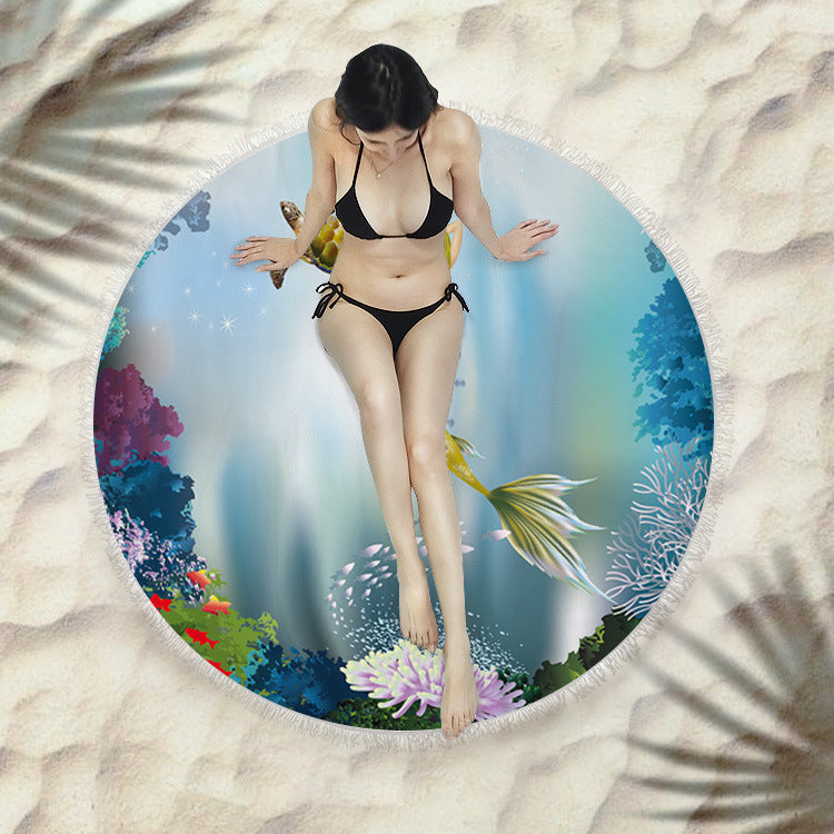 Fringed Round Beach Towel – Microfiber Polyester, 150cm Diameter, Floral Pattern