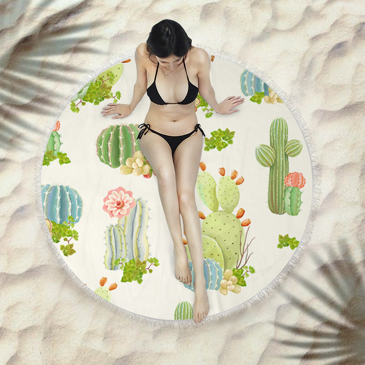 Fringed Round Beach Towel – Microfiber Polyester, 150cm Diameter, Floral Pattern