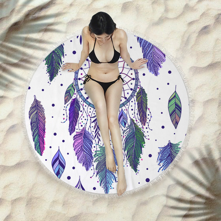 Fringed Round Beach Towel – Microfiber Polyester, 150cm Diameter, Floral Pattern