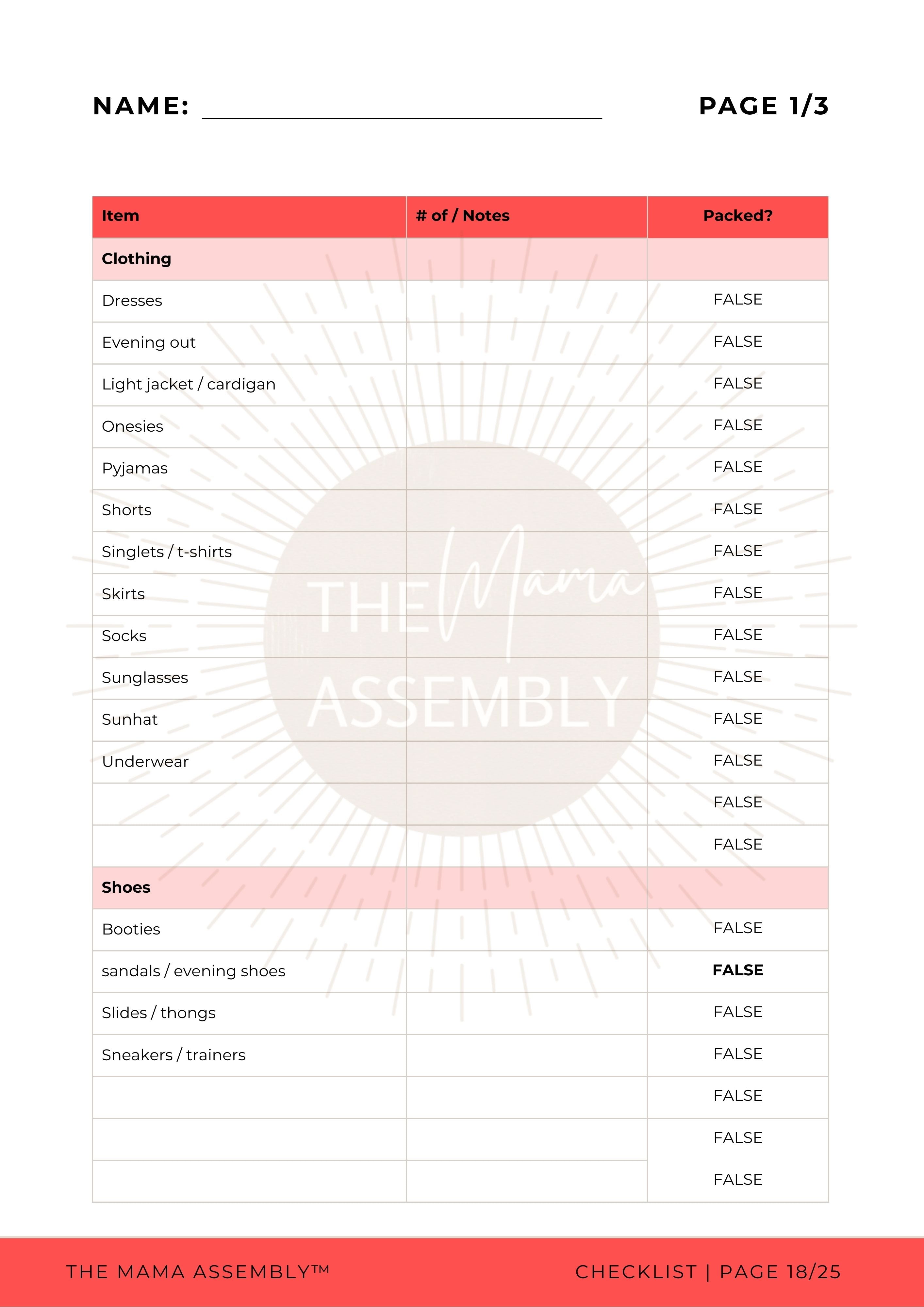 Checklist template for packing clothing with a red border and 'The Mama Assembly' branding.