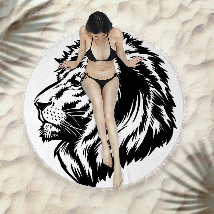 Fringed Round Beach Towel – Microfiber Polyester, 150cm Diameter, Floral Pattern