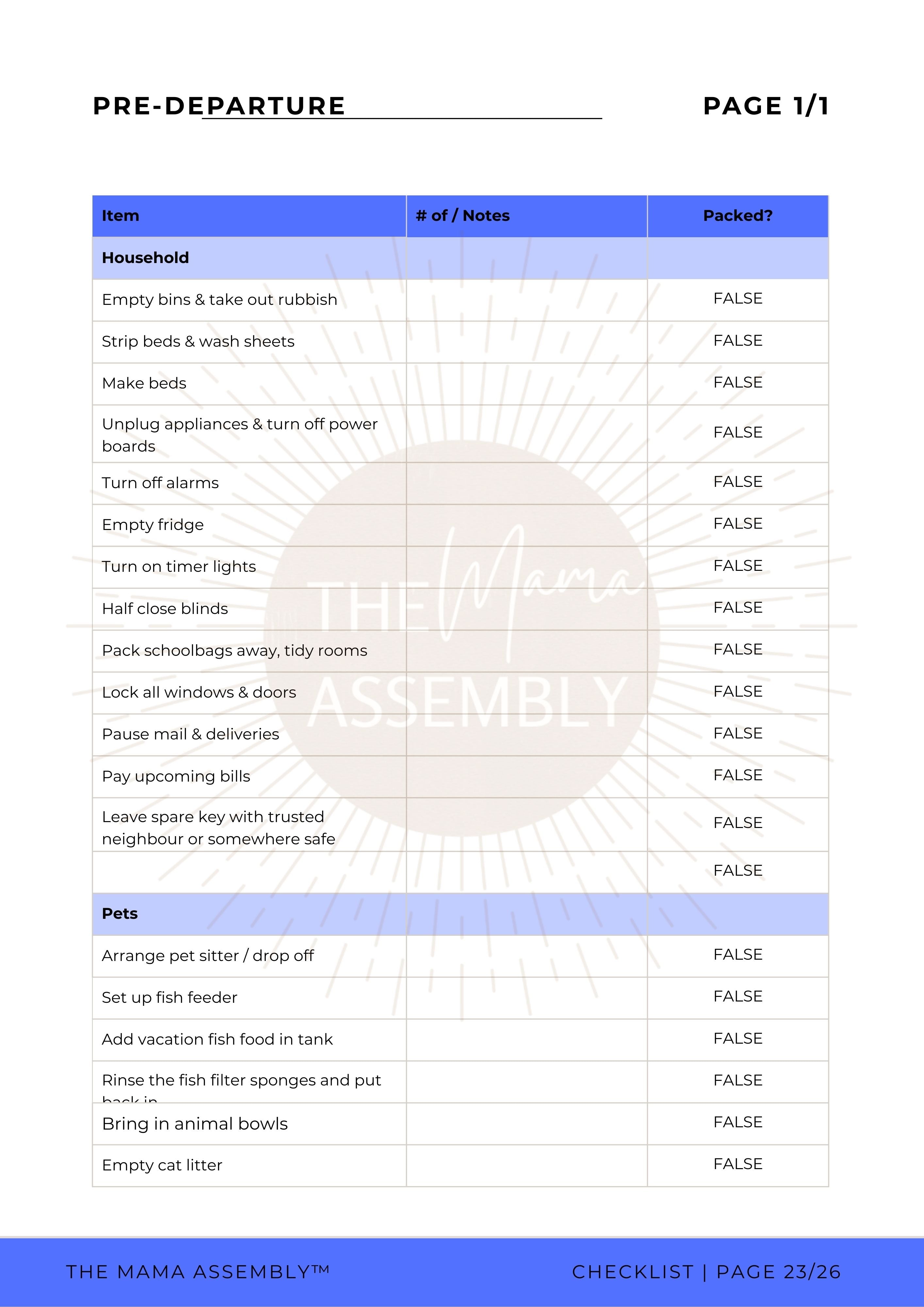 Pre-departure checklist with tasks and status on a white background